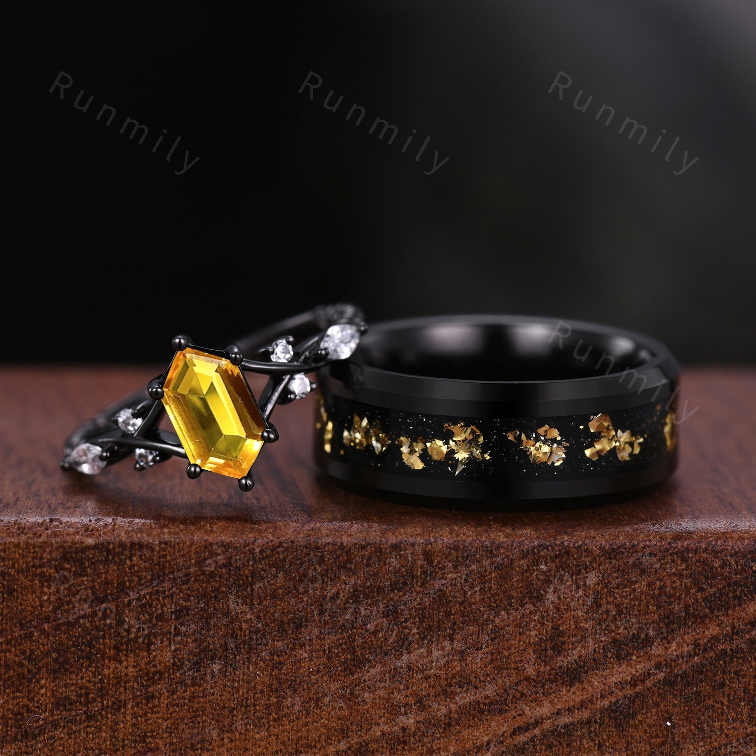 Vintage Citrine Couples Ring Black Gold Matching Ring Set His And Hers Wedding Band Mens Gold Leaf Ring Promise Ring For Men For Women