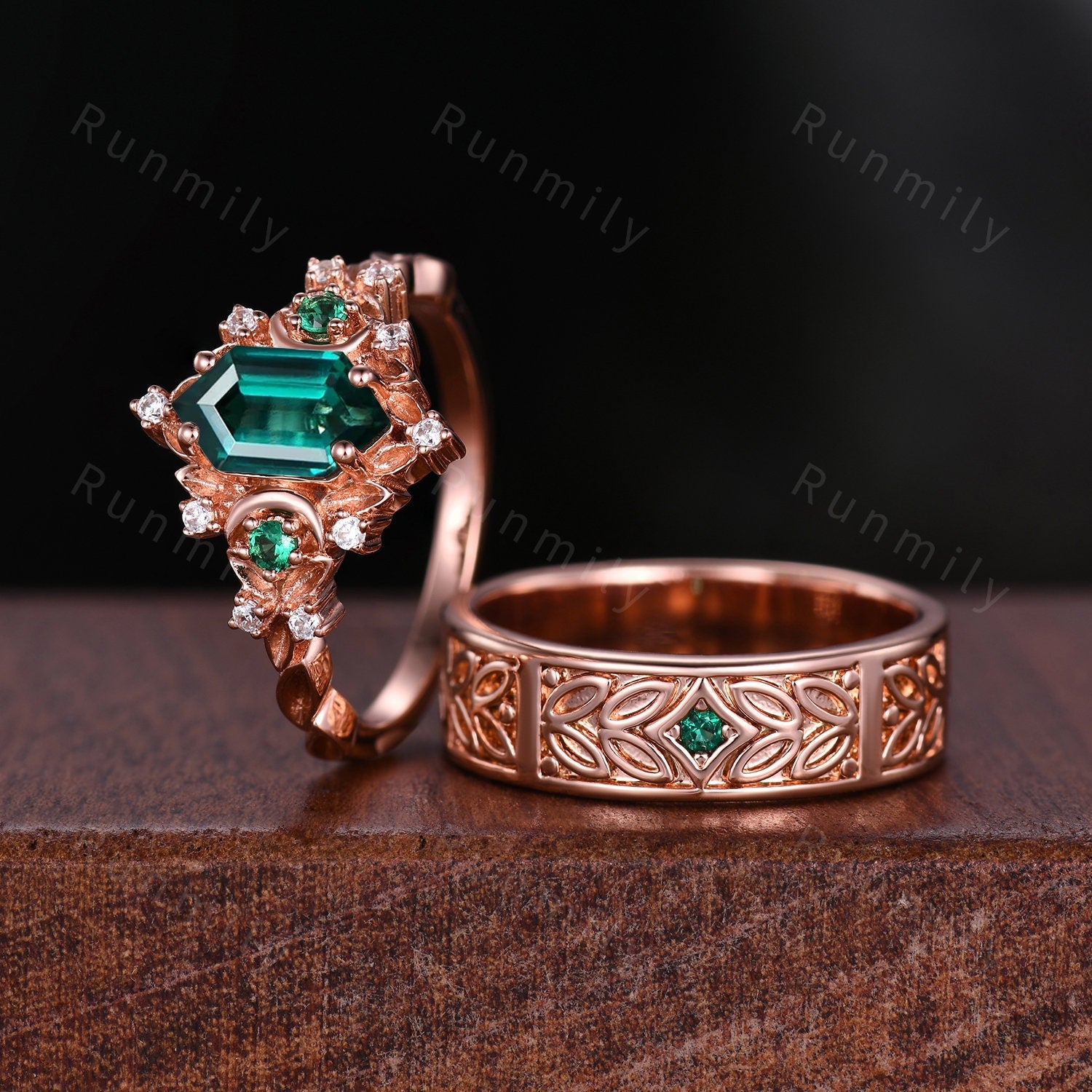 Antique Emerald Couples Ring Set Rose Gold Matching Ring For Men For Women Vintage His and Hers Wedding Band Mens Emerald Ring Green Rings