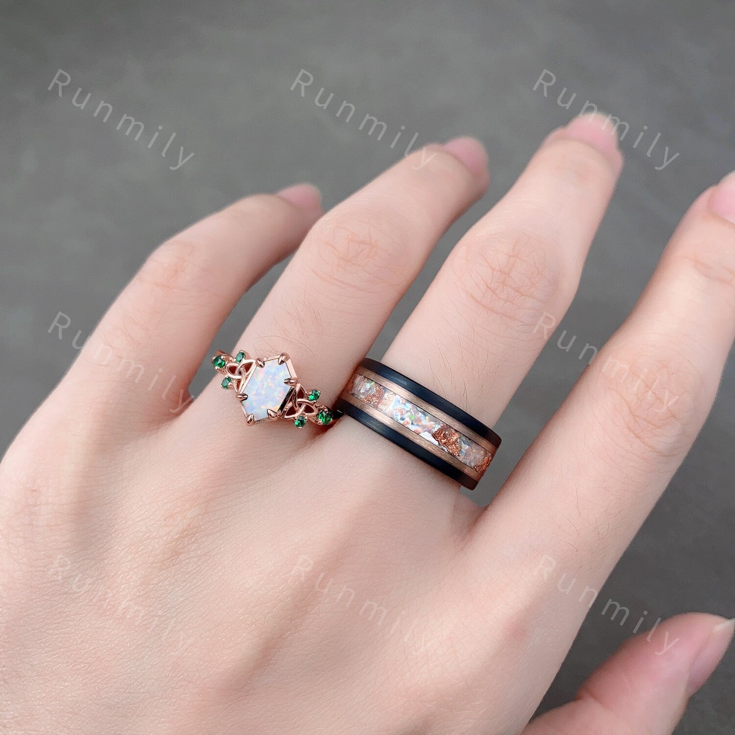 Vintage White Opal Couples Ring Rose Gold Matching Ring Set His and Hers Wedding Band Mens Opal Ring October Birthstone Promise Ring