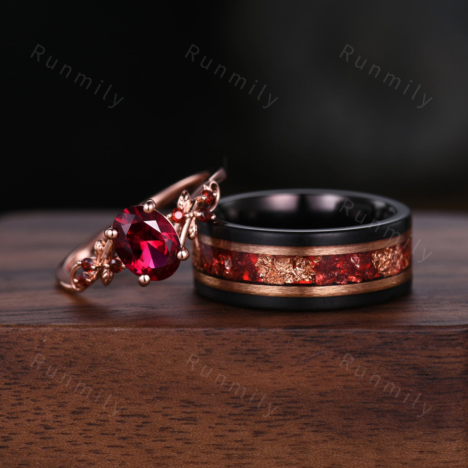 Oval cut Ruby couples ring set rose gold matching promise ring His and Her wedding band Mens gold leaf tungsten ring anniversary gifts