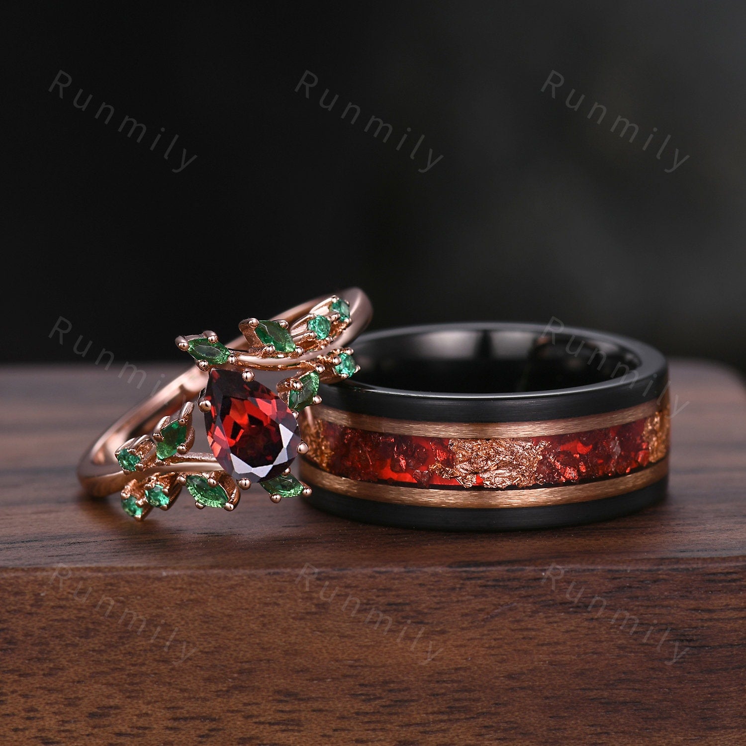 Vintage Floral Garnet Couples Ring Rose Gold Matching Ring Set His and Hers Wedding Band Mens Ruby Tungsten Ring Promise Anniversary Gifts