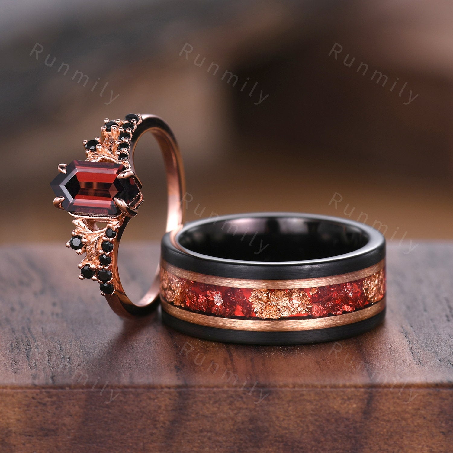 Vintage garnet couples ring set rose gold matching promise ring His and Hers wedding band Mens ruby tungsten ring anniversary ring gifts