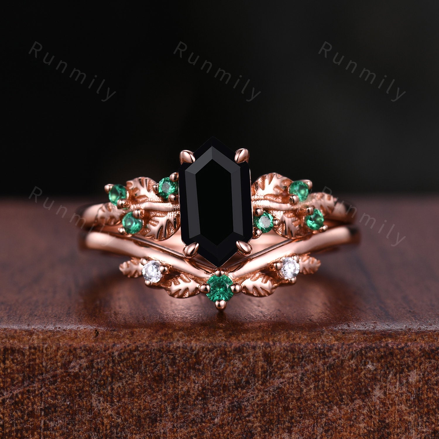 Vintage Hexagon Black Onyx Engagement Ring Set Rose Gold Leaf Branch Emerald Ring Unique Art Deco Bridal Wedding Ring Set Natural Stone Ring
