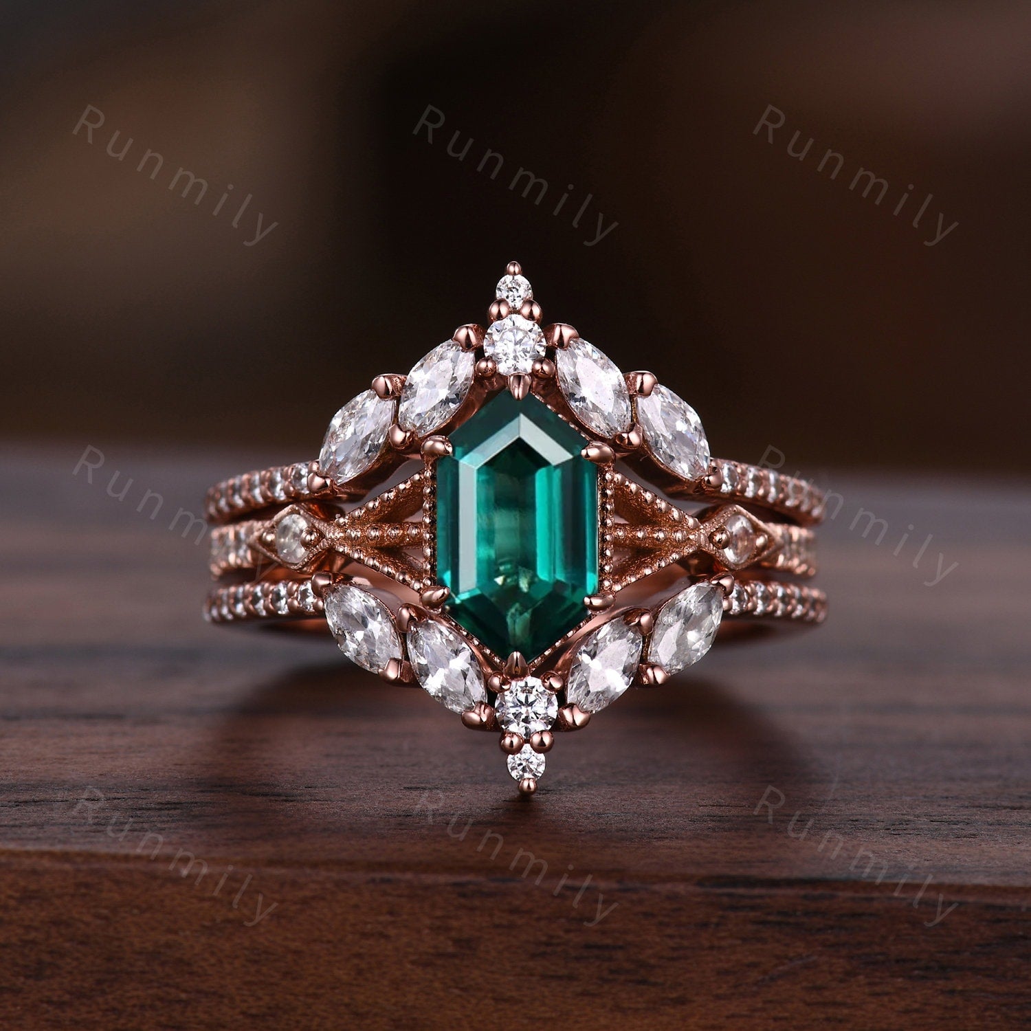Antique Emerald Couples Ring Set Vintage Double Curved Diamond Band Rose Gold His and Her Wedding Band Promise Ring For Men and Women