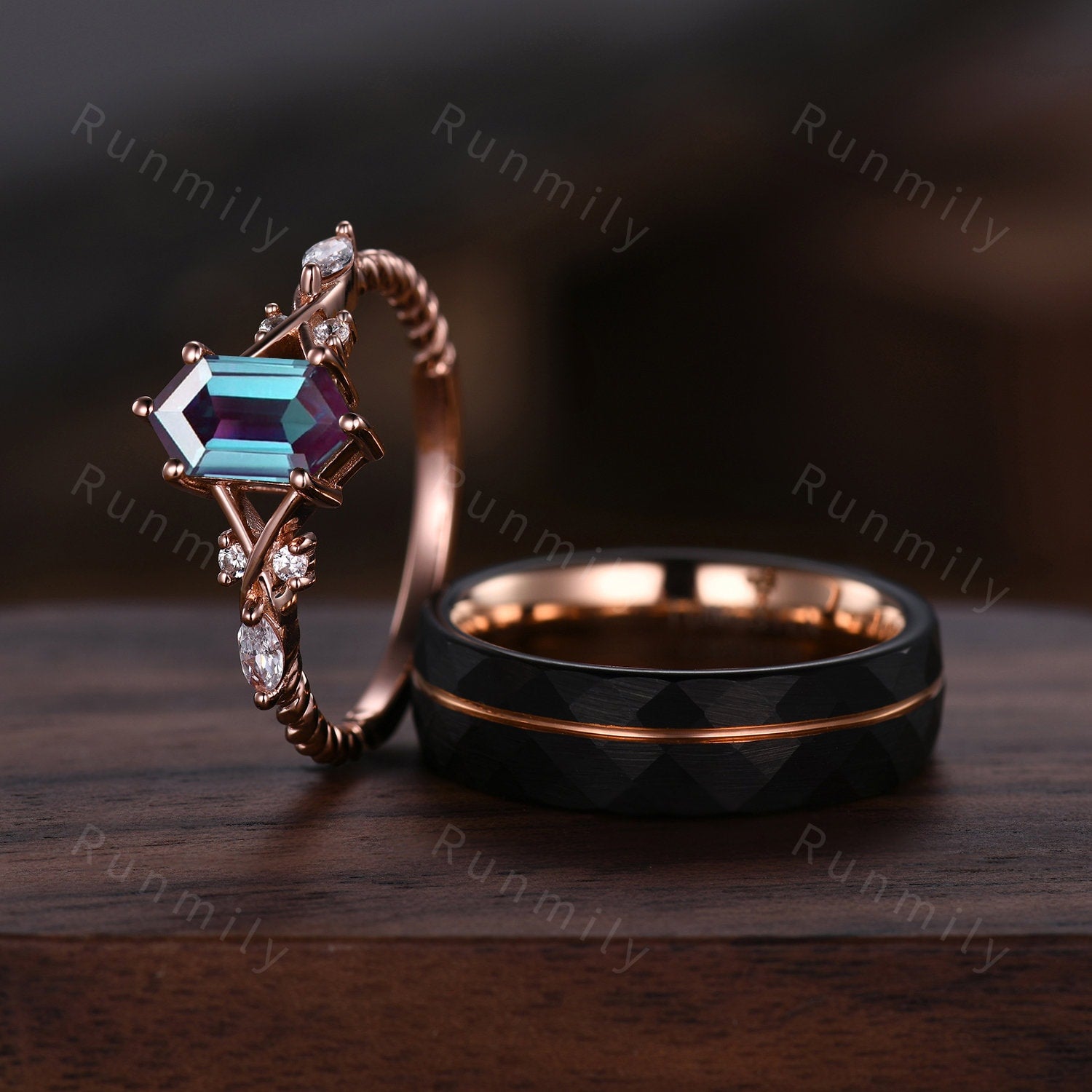 Vintage Alexandrite Couples Ring Rose Gold Matching Ring Set His and Hers Wedding Band Promise Ring For Men For Women June Birthstone Ring