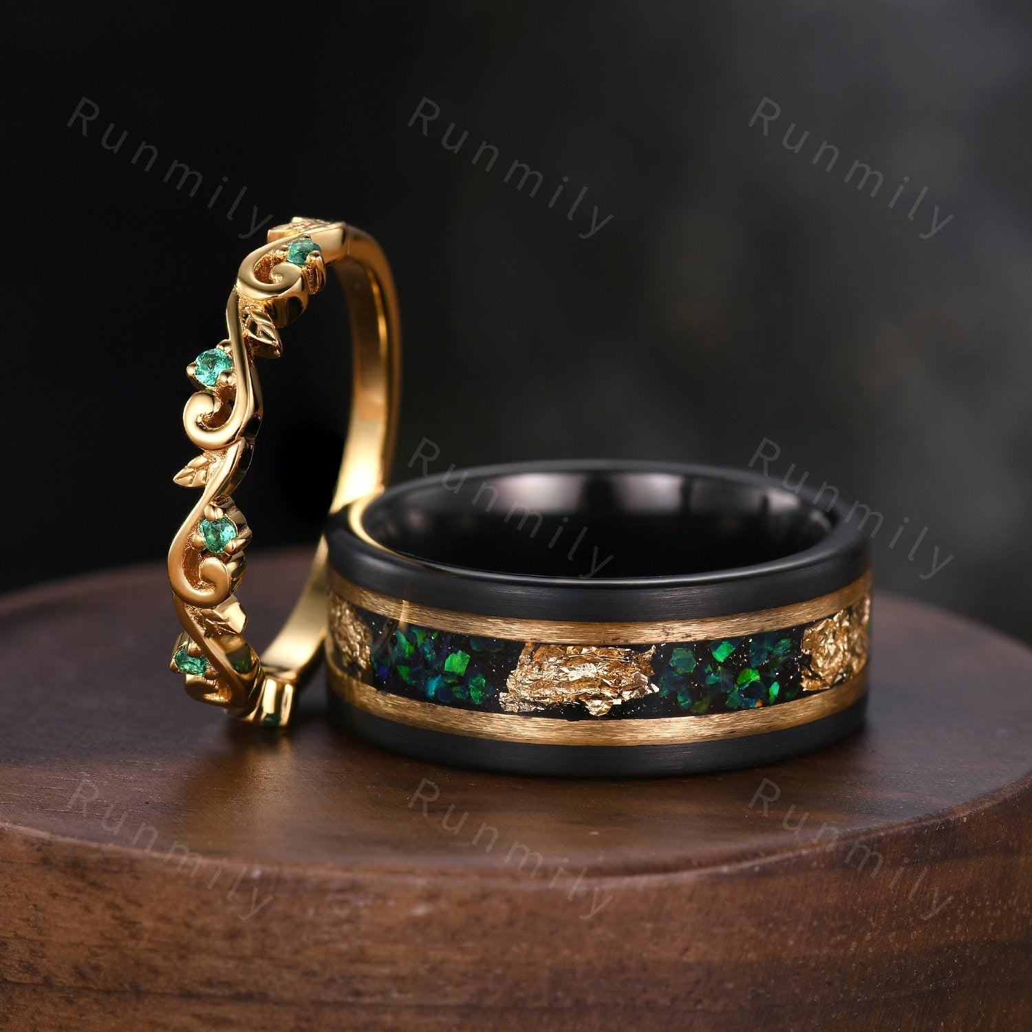 Vintage Emerald Couples Band Yellow Gold Matching Ring Set His and Hers Wedding Band Mens Green Opal Ring Anniversary Gift For Men For Women