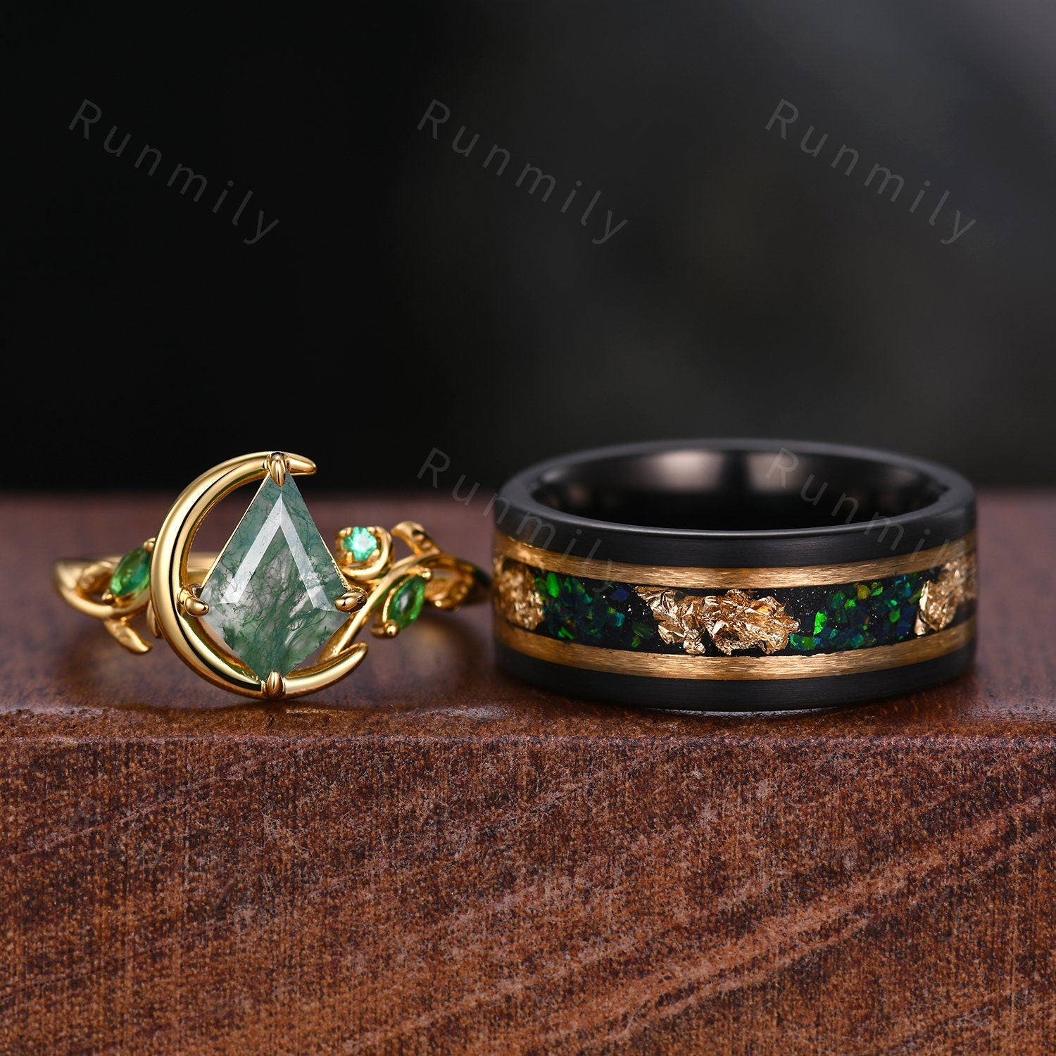Crescent Moon Moss Agate Couples Ring Yellow Gold Matching Ring Set His and Hers Wedding Band Mens Fire Opal Ring Green Promise Ring Set