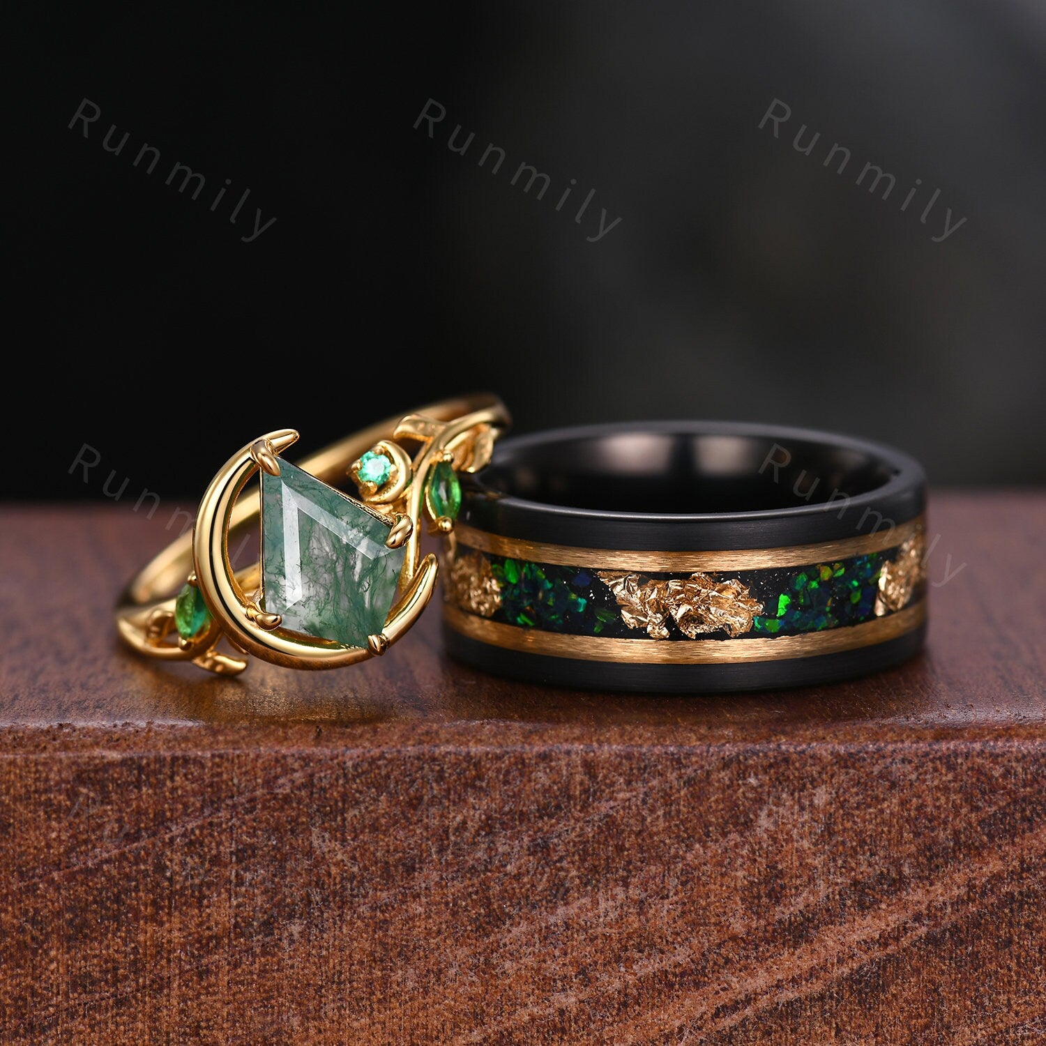 Crescent Moon Moss Agate Couples Ring Yellow Gold Matching Ring Set His and Hers Wedding Band Mens Fire Opal Ring Green Promise Ring Set
