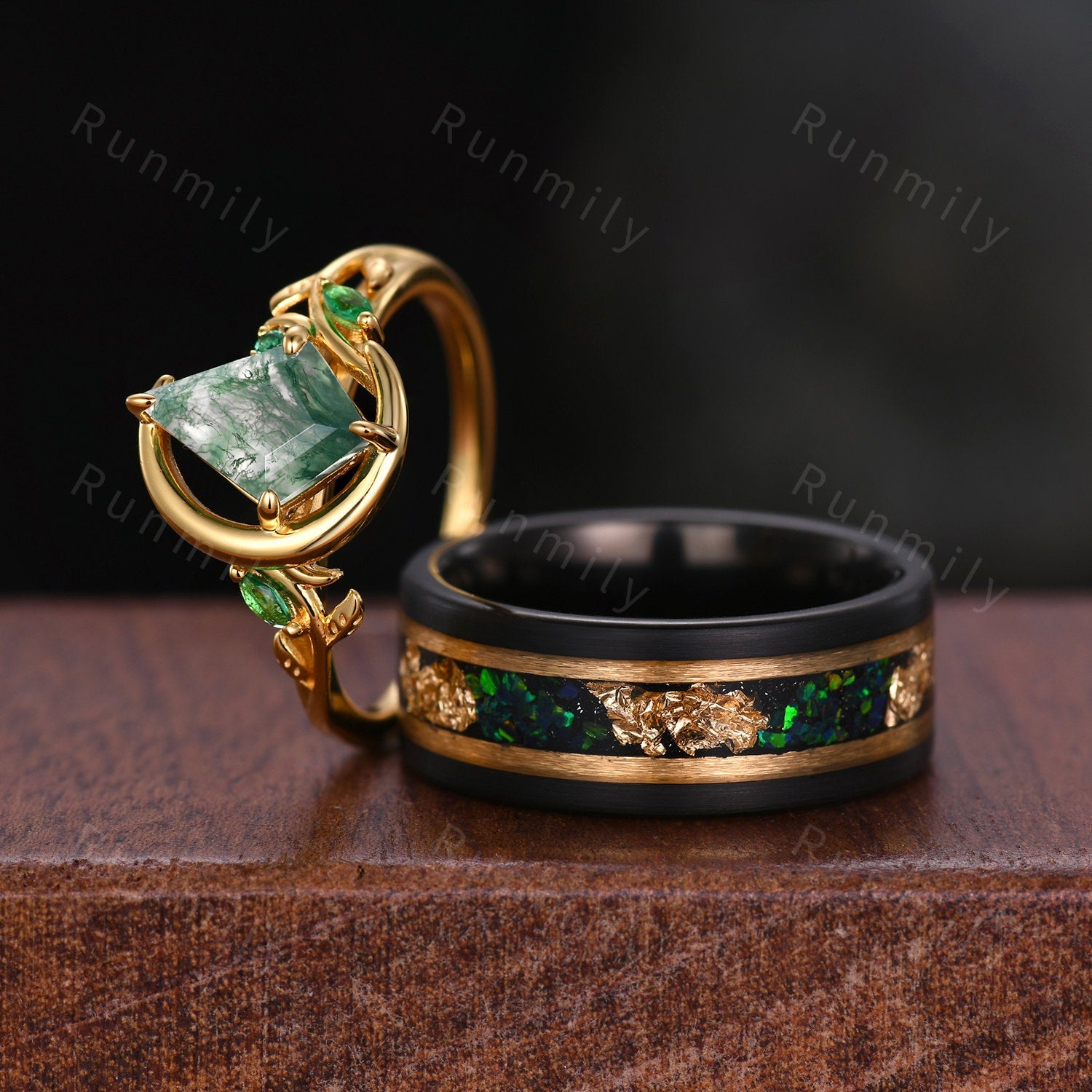 Crescent Moon Moss Agate Couples Ring Yellow Gold Matching Ring Set His and Hers Wedding Band Mens Fire Opal Ring Green Promise Ring Set