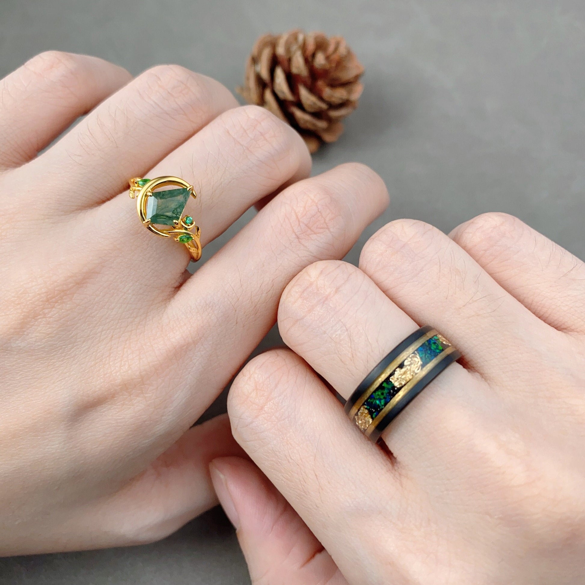Crescent Moon Moss Agate Couples Ring Yellow Gold Matching Ring Set His and Hers Wedding Band Mens Fire Opal Ring Green Promise Ring Set