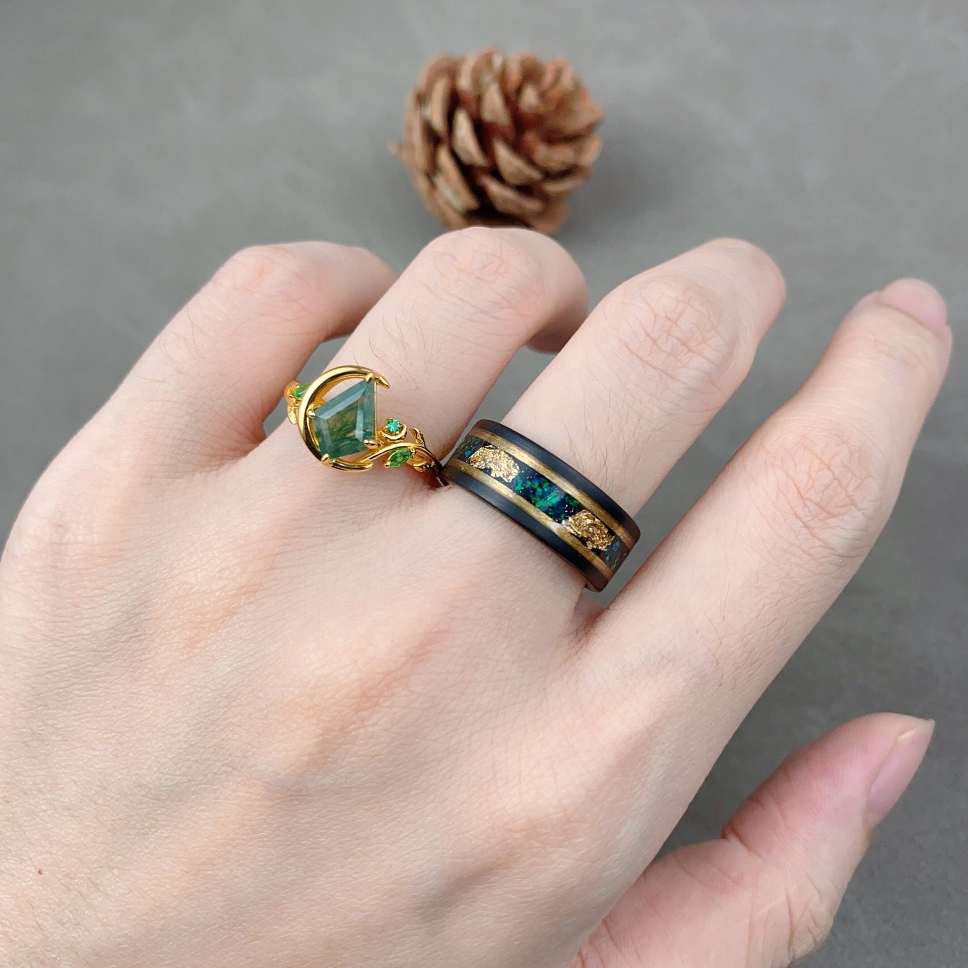 Crescent Moon Moss Agate Couples Ring Yellow Gold Matching Ring Set His and Hers Wedding Band Mens Fire Opal Ring Green Promise Ring Set