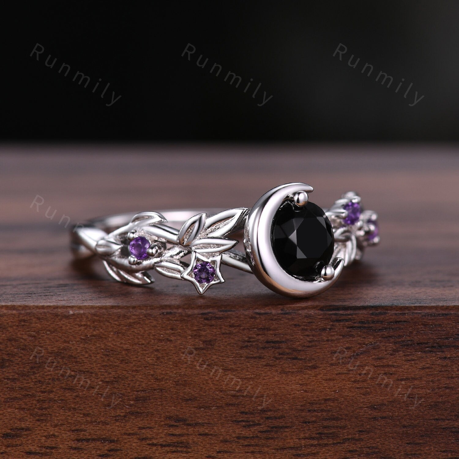 Round cut Black Onyx Couples Ring Set Silver Unique Moon Engagement Ring Mens Meteorite Tungsten Ring His and Hers Wedding Band Promise Ring