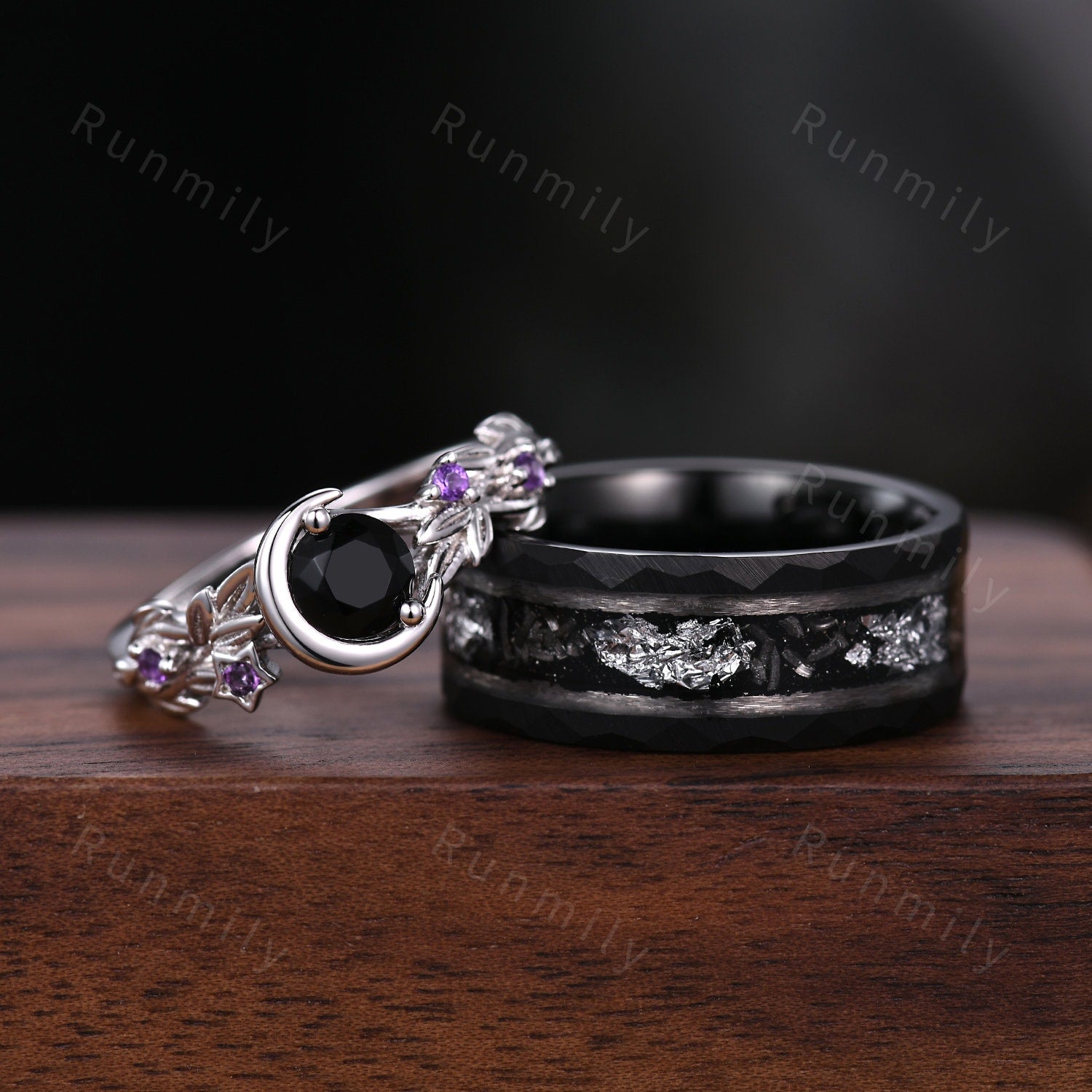 Round cut Black Onyx Couples Ring Set Silver Unique Moon Engagement Ring Mens Meteorite Tungsten Ring His and Hers Wedding Band Promise Ring