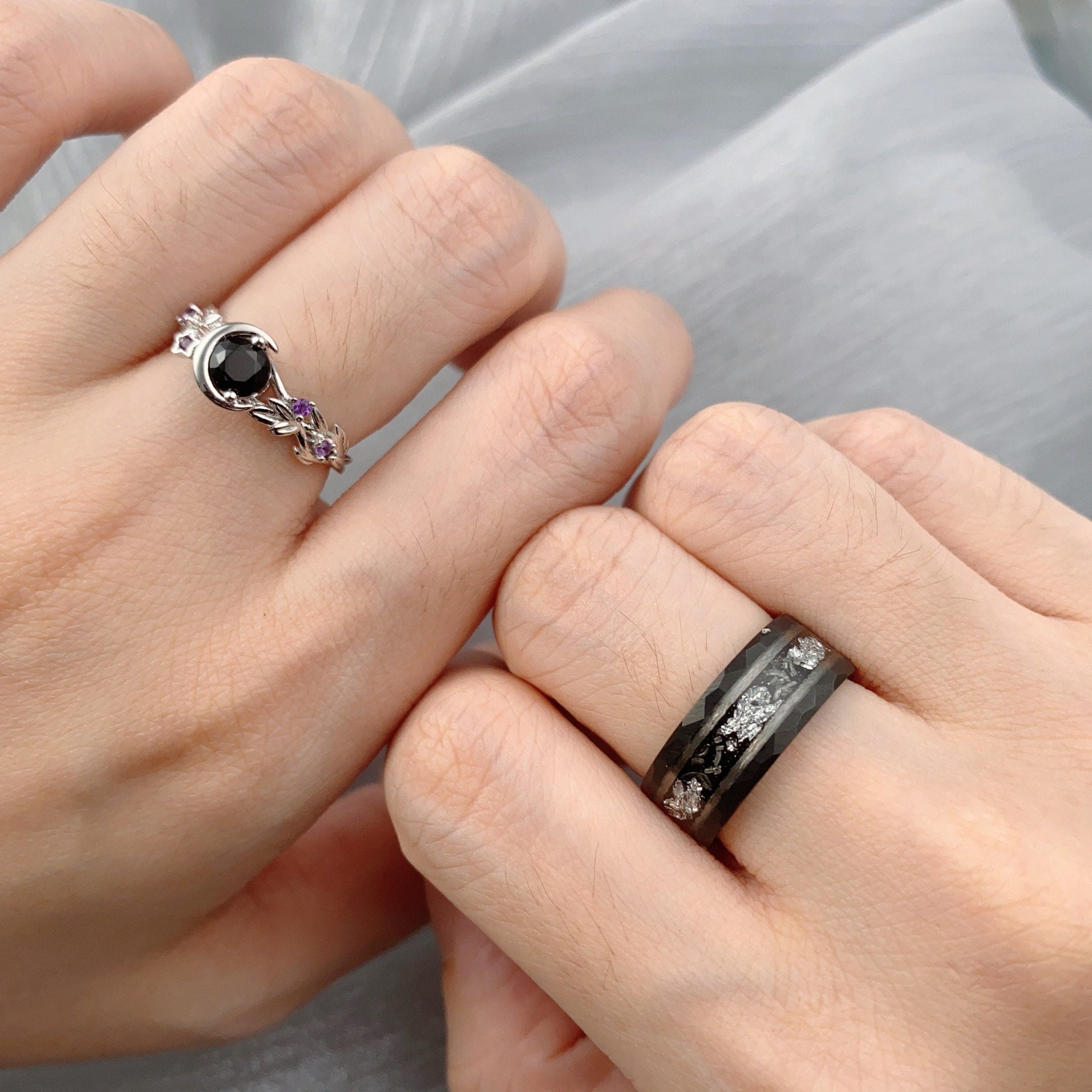 Round cut Black Onyx Couples Ring Set Silver Unique Moon Engagement Ring Mens Meteorite Tungsten Ring His and Hers Wedding Band Promise Ring