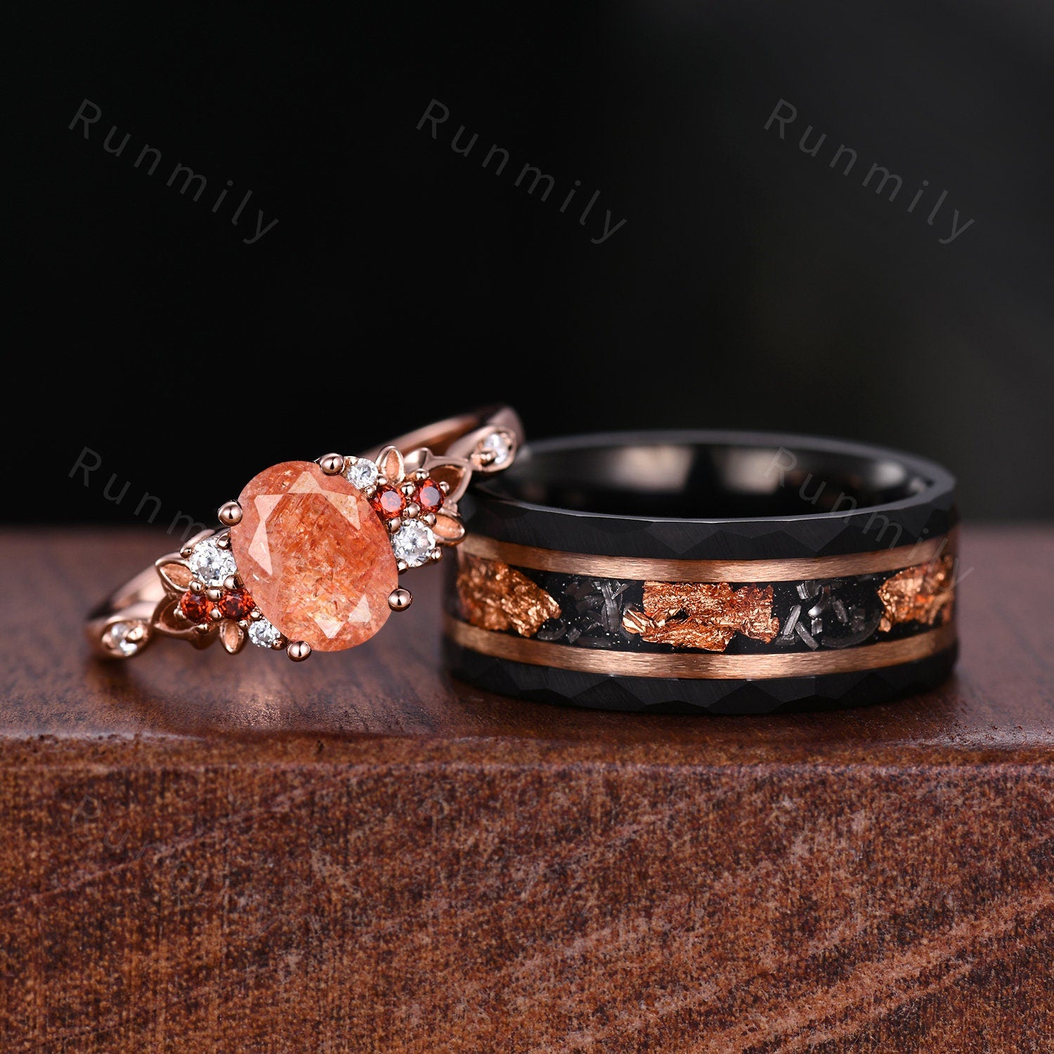 Oval Cut Sunstone Couples Ring Set Rose Gold Matching Promise Ring His And Hers Wedding Band Mens Meteorite Ring Anniversary Ring Gifts