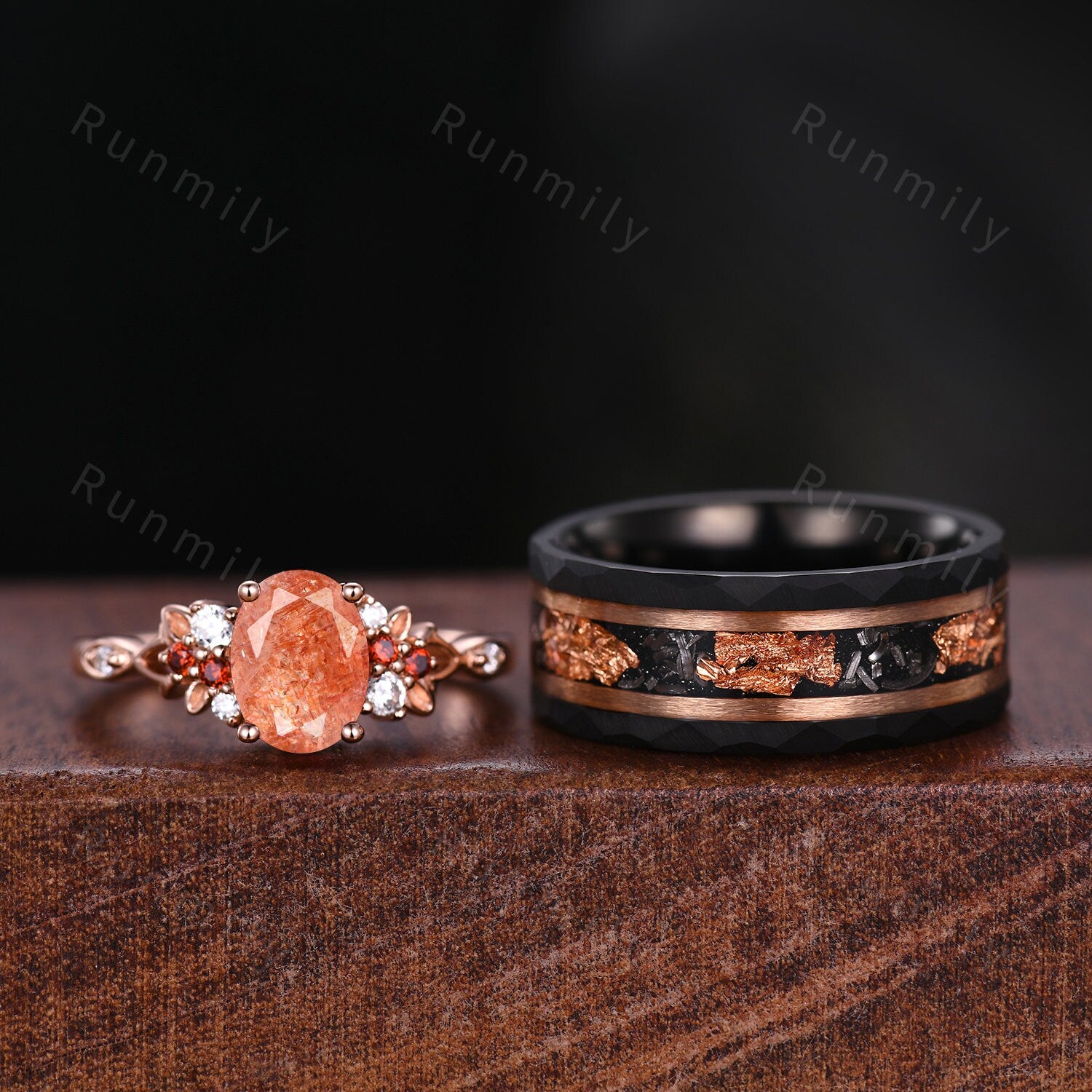 Oval Cut Sunstone Couples Ring Set Rose Gold Matching Promise Ring His And Hers Wedding Band Mens Meteorite Ring Anniversary Ring Gifts