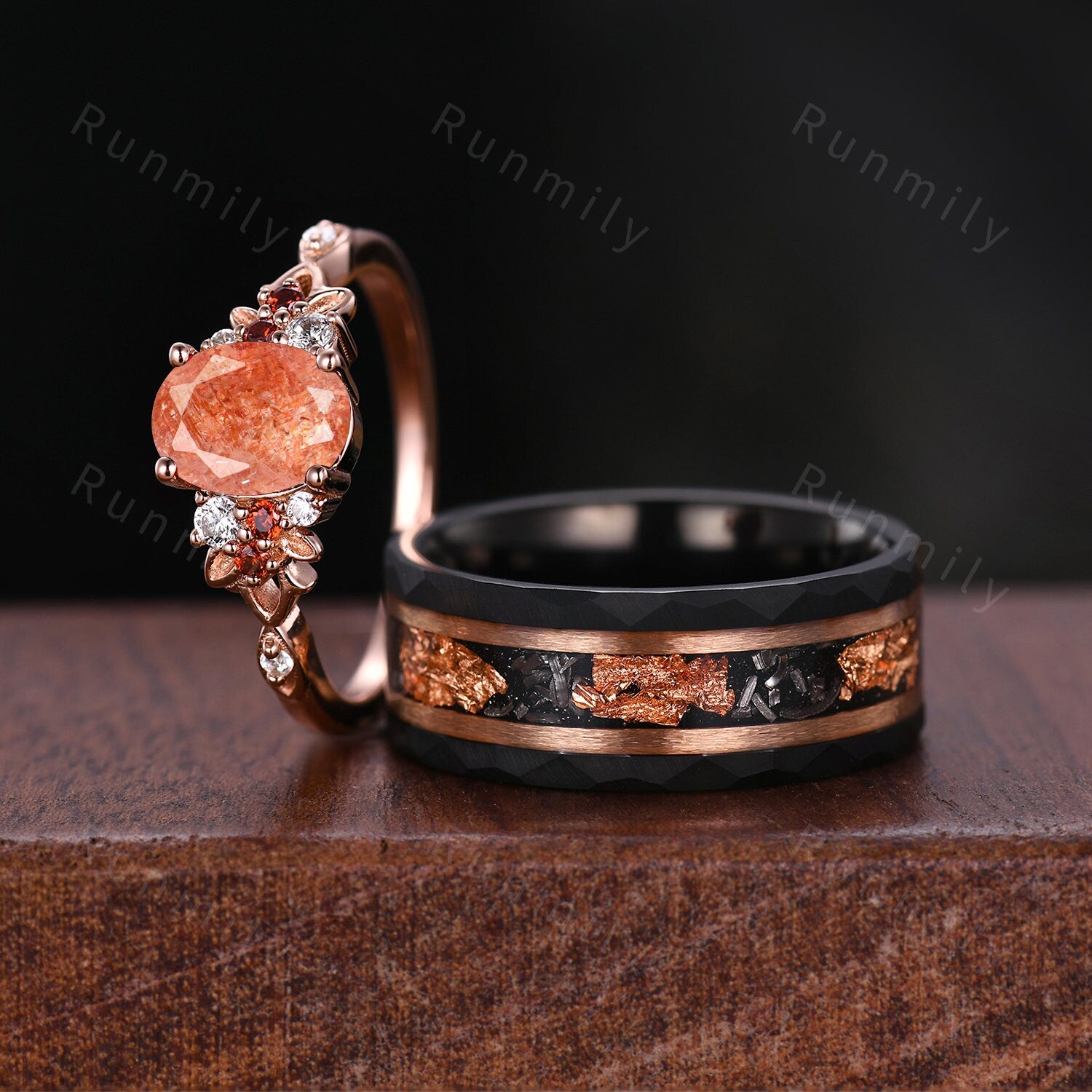 Oval Cut Sunstone Couples Ring Set Rose Gold Matching Promise Ring His And Hers Wedding Band Mens Meteorite Ring Anniversary Ring Gifts