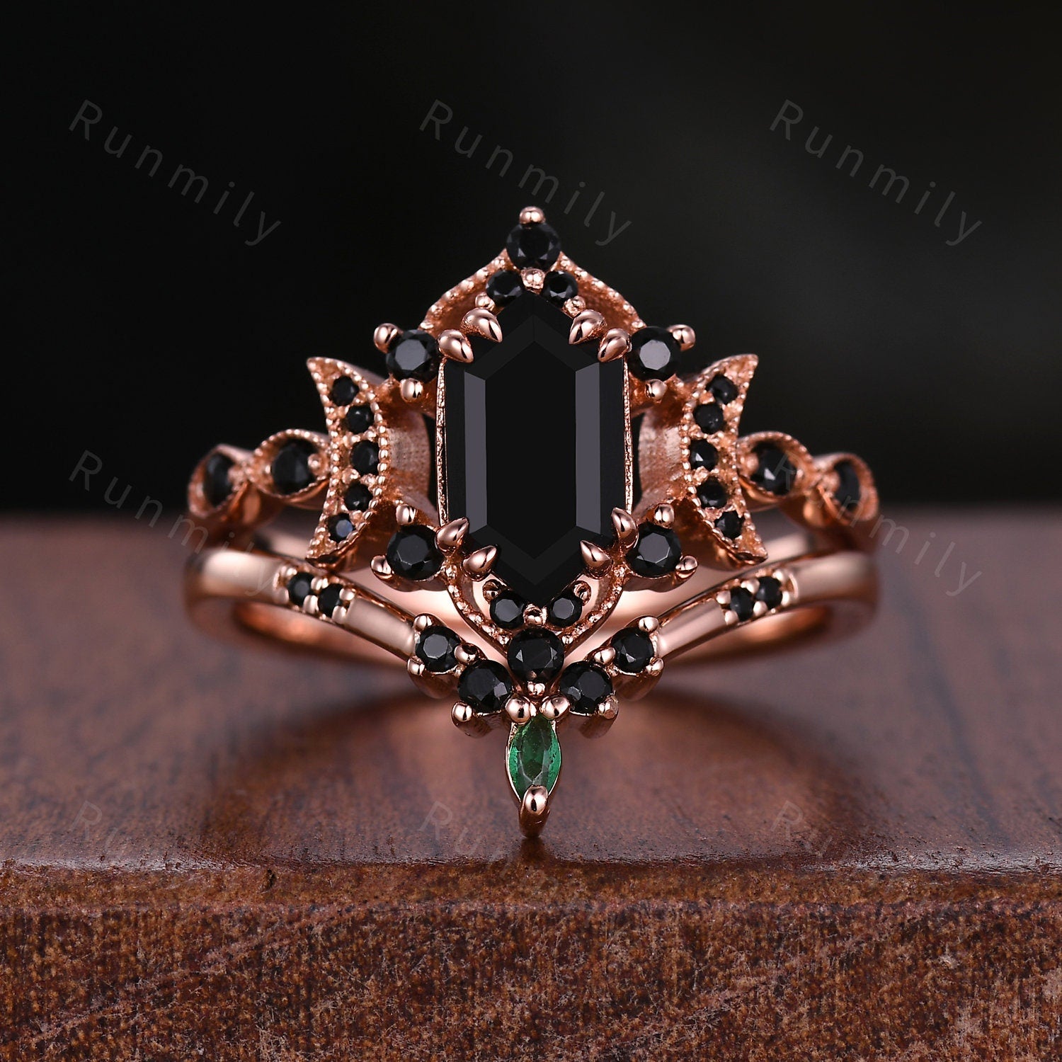 Vintage Hexagon Black Onyx Engagement Ring Set Rose Gold Crescent Moon Black Spinel Ring Unique Art Deco Bridal Wedding Ring Set Black Stone