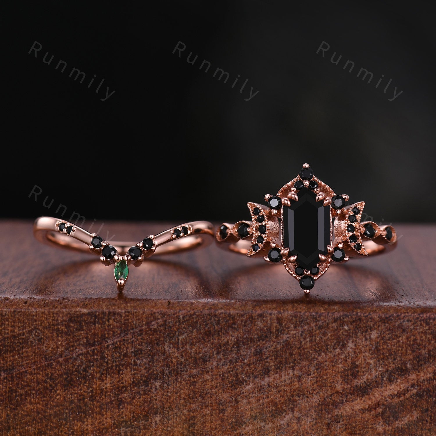 Vintage Hexagon Black Onyx Engagement Ring Set Rose Gold Crescent Moon Black Spinel Ring Unique Art Deco Bridal Wedding Ring Set Black Stone