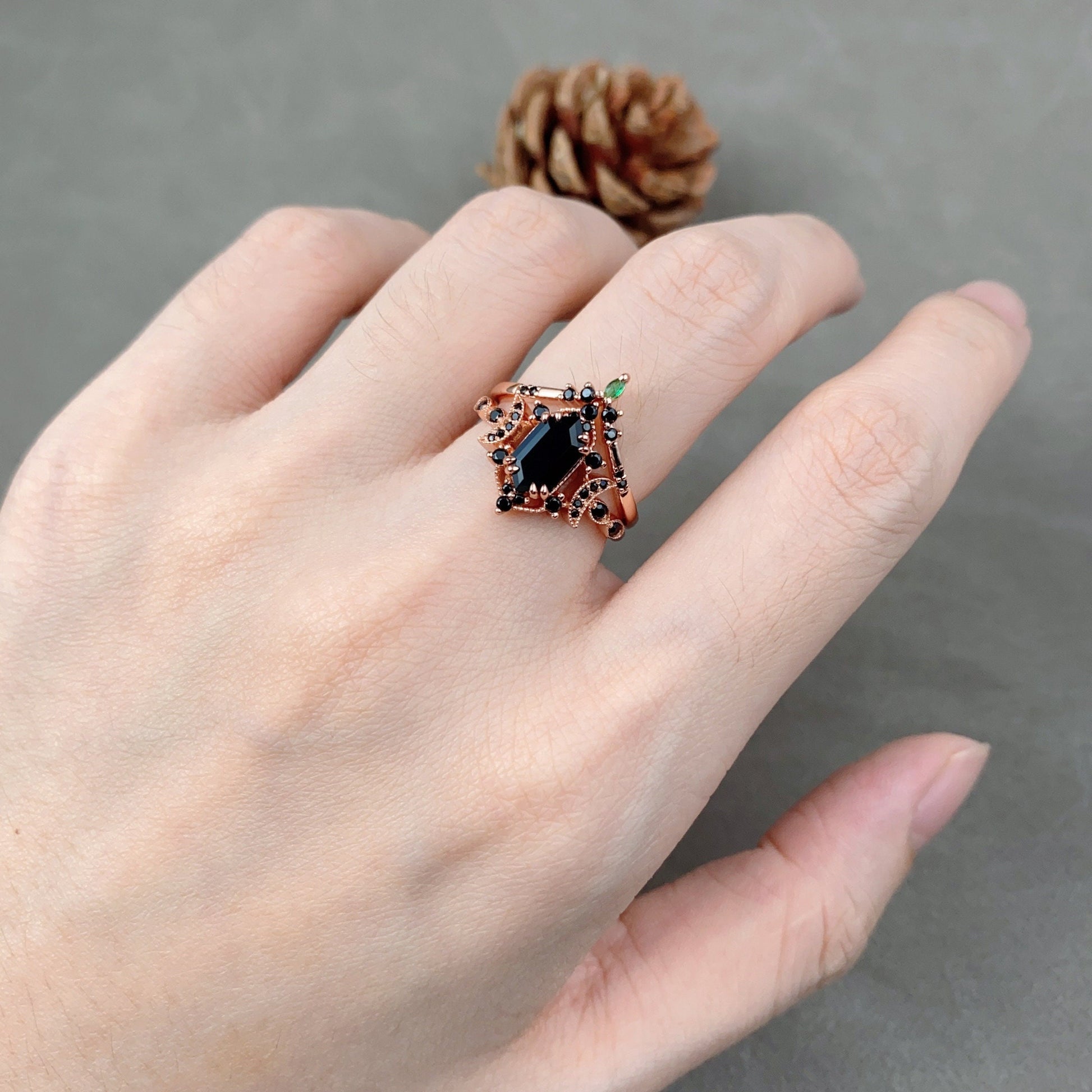 Vintage Hexagon Black Onyx Engagement Ring Set Rose Gold Crescent Moon Black Spinel Ring Unique Art Deco Bridal Wedding Ring Set Black Stone