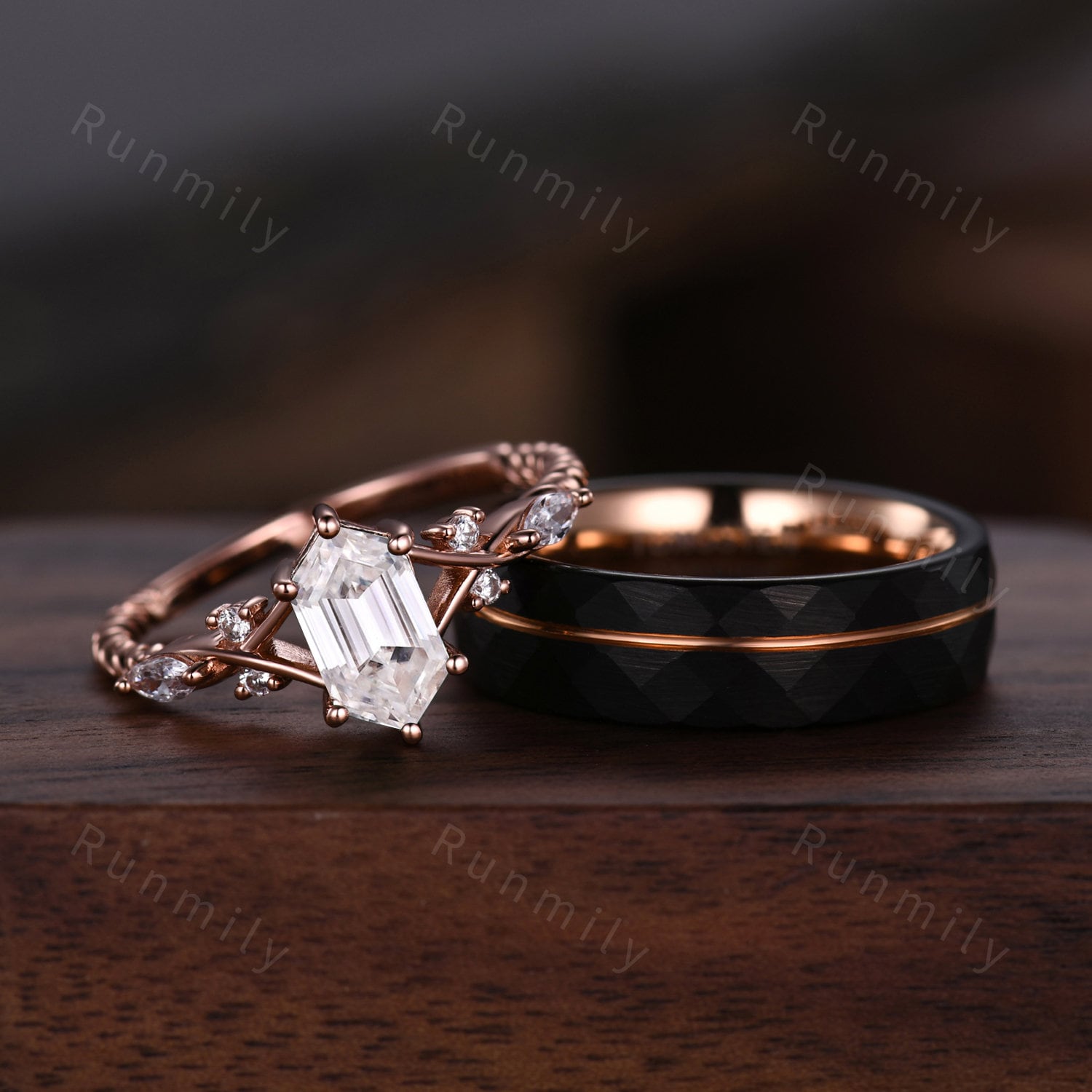 Vintage Hexagon Moissanite Couples Ring Rose Gold Matching Ring Set His And Hers Wedding Band Women Diamond Promise Ring Mens Hammered Band