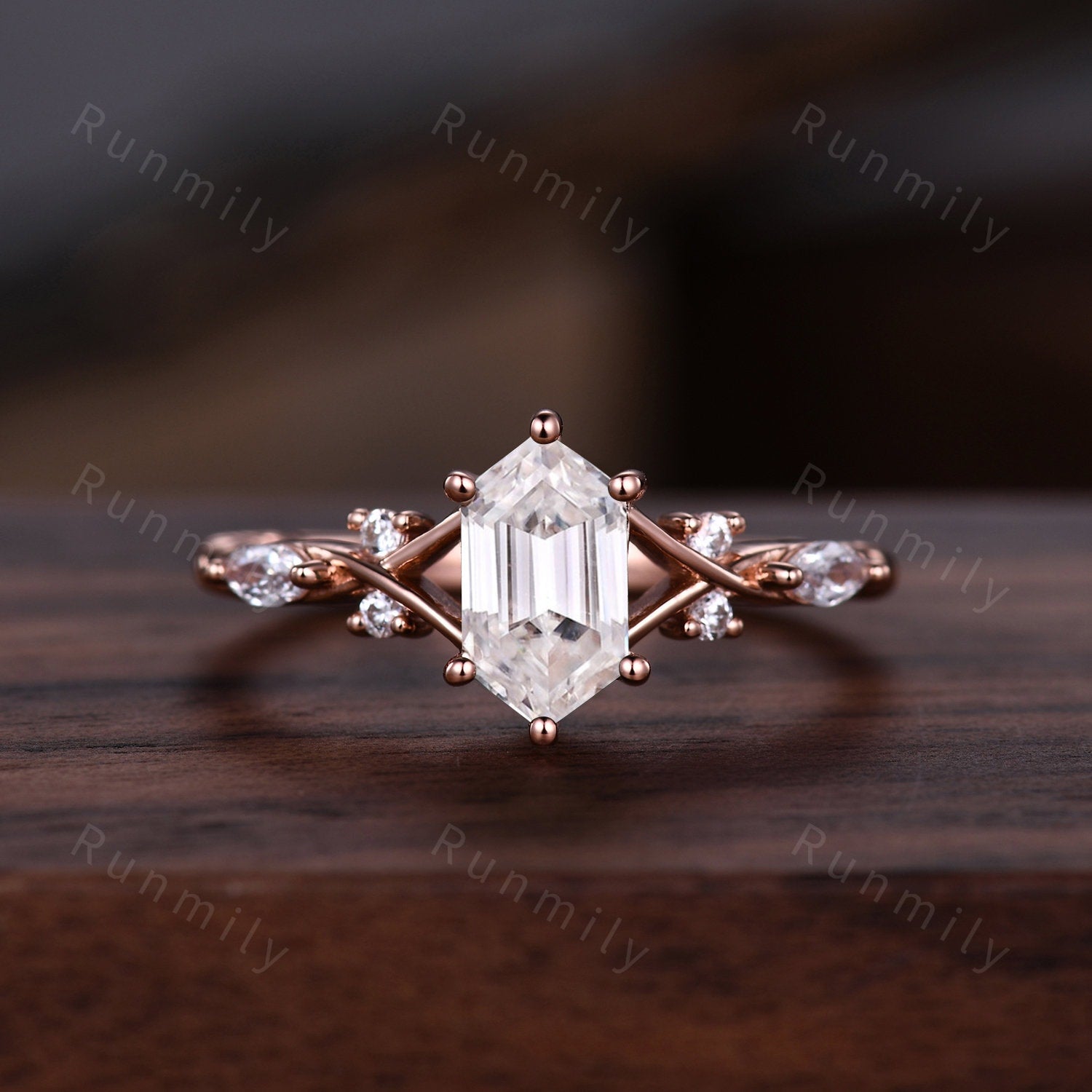 Vintage Hexagon Moissanite Couples Ring Rose Gold Matching Ring Set His And Hers Wedding Band Women Diamond Promise Ring Mens Hammered Band