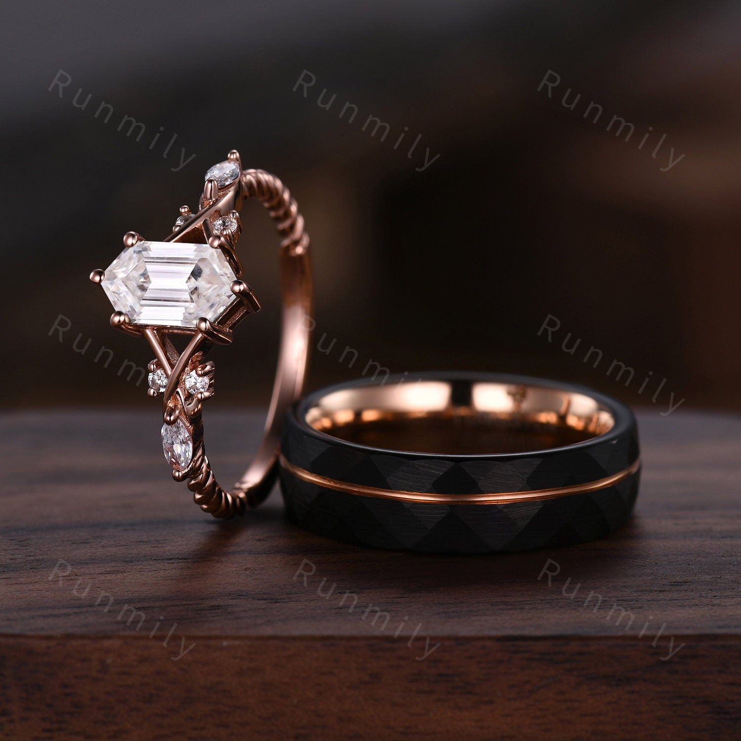 Vintage Hexagon Moissanite Couples Ring Rose Gold Matching Ring Set His And Hers Wedding Band Women Diamond Promise Ring Mens Hammered Band