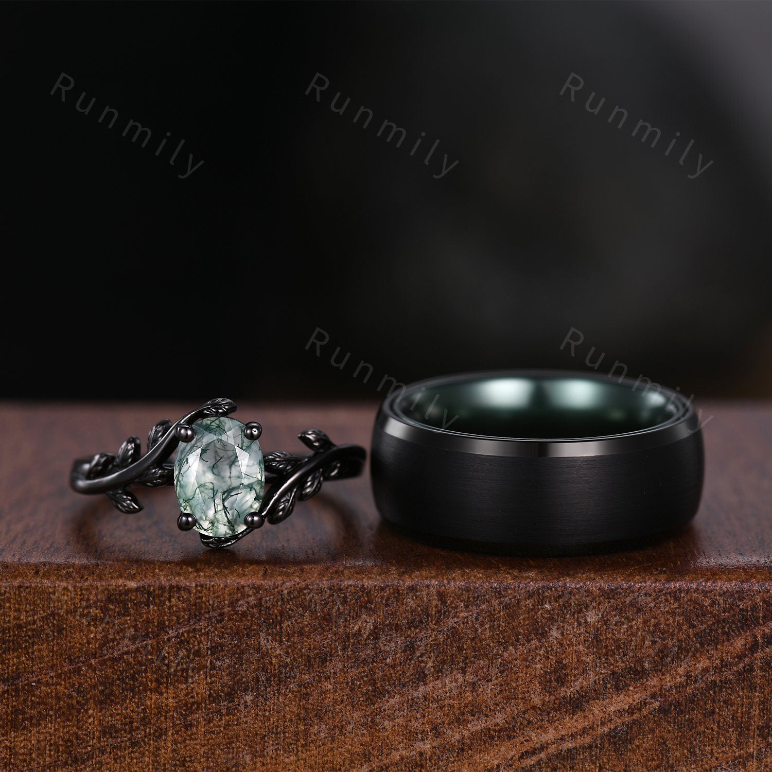 Vintage Oval Moss Agate Couples Ring Black Gold Matching Ring Set His And Hers Wedding Band Mens Green And Black Tungsten Band Natural Agate