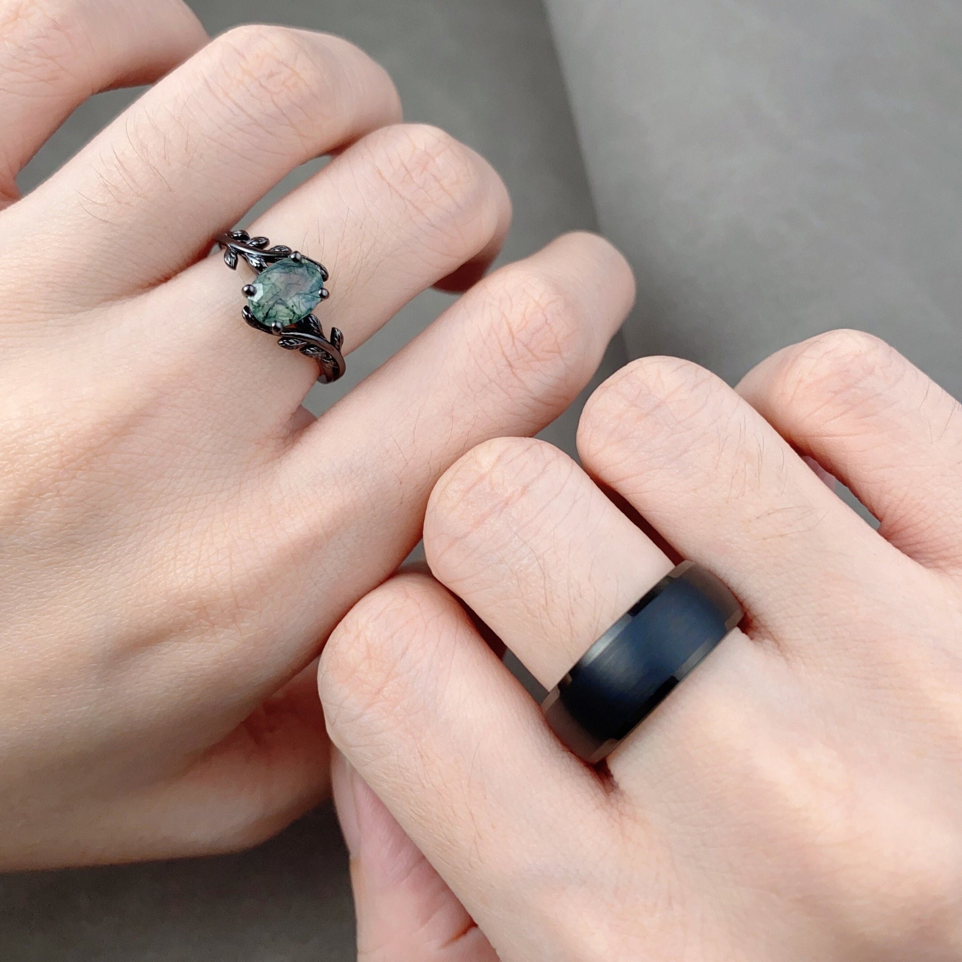 Vintage Oval Moss Agate Couples Ring Black Gold Matching Ring Set His And Hers Wedding Band Mens Green And Black Tungsten Band Natural Agate
