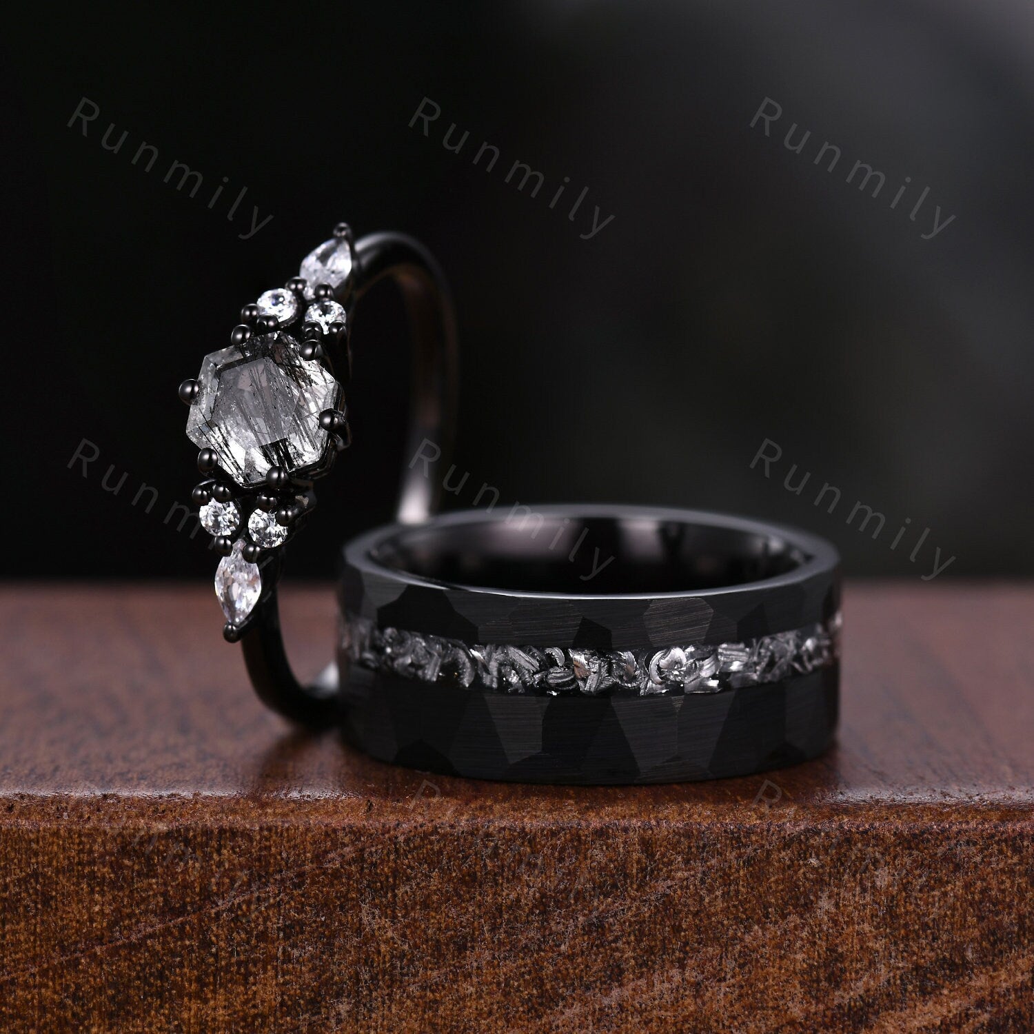 Unique Black Rutilated Quartz Couples Ring Black Gold Matching Ring Set His and Hers Wedding Band Mens Meteorite Ring Anniversary Ring Set