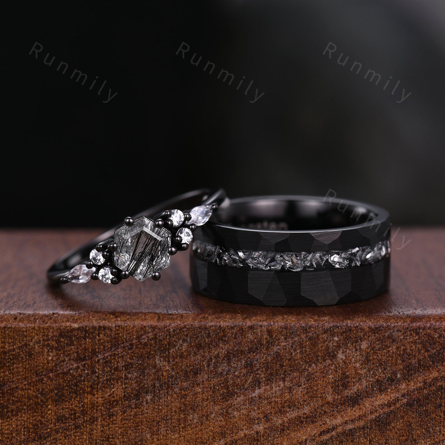 Unique Black Rutilated Quartz Couples Ring Black Gold Matching Ring Set His and Hers Wedding Band Mens Meteorite Ring Anniversary Ring Set