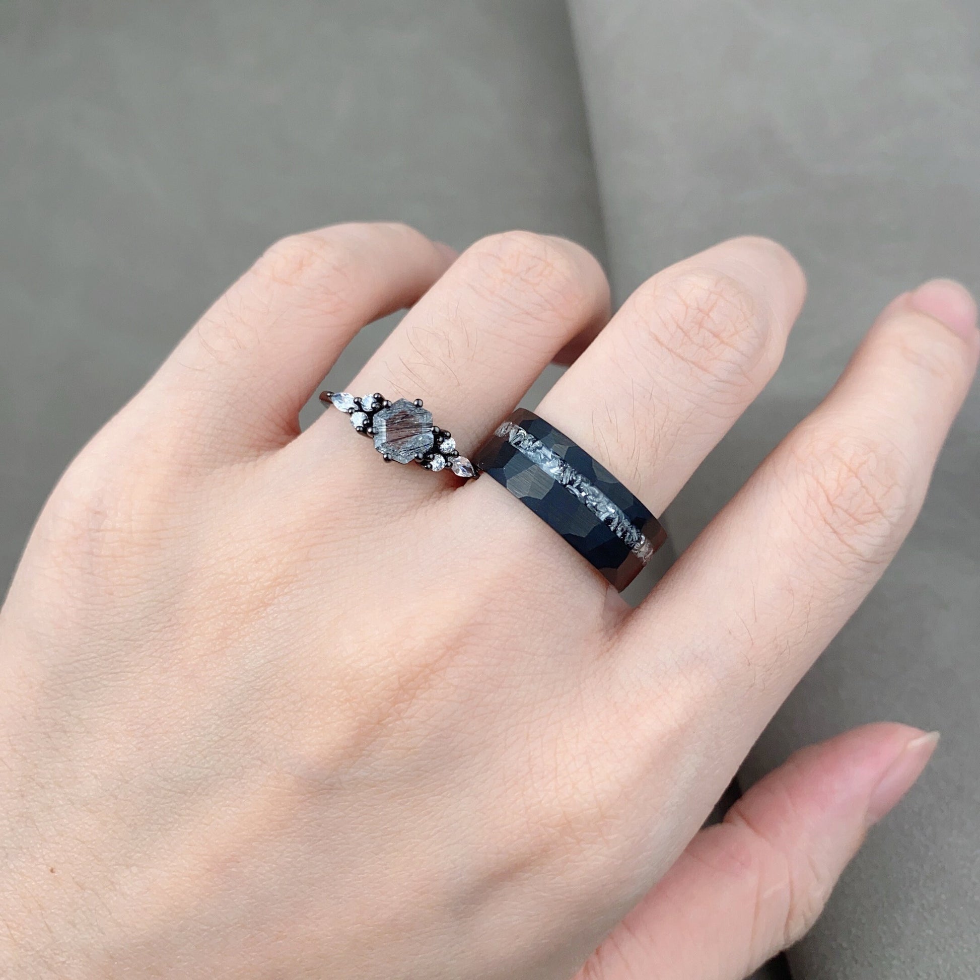 Unique Black Rutilated Quartz Couples Ring Black Gold Matching Ring Set His and Hers Wedding Band Mens Meteorite Ring Anniversary Ring Set