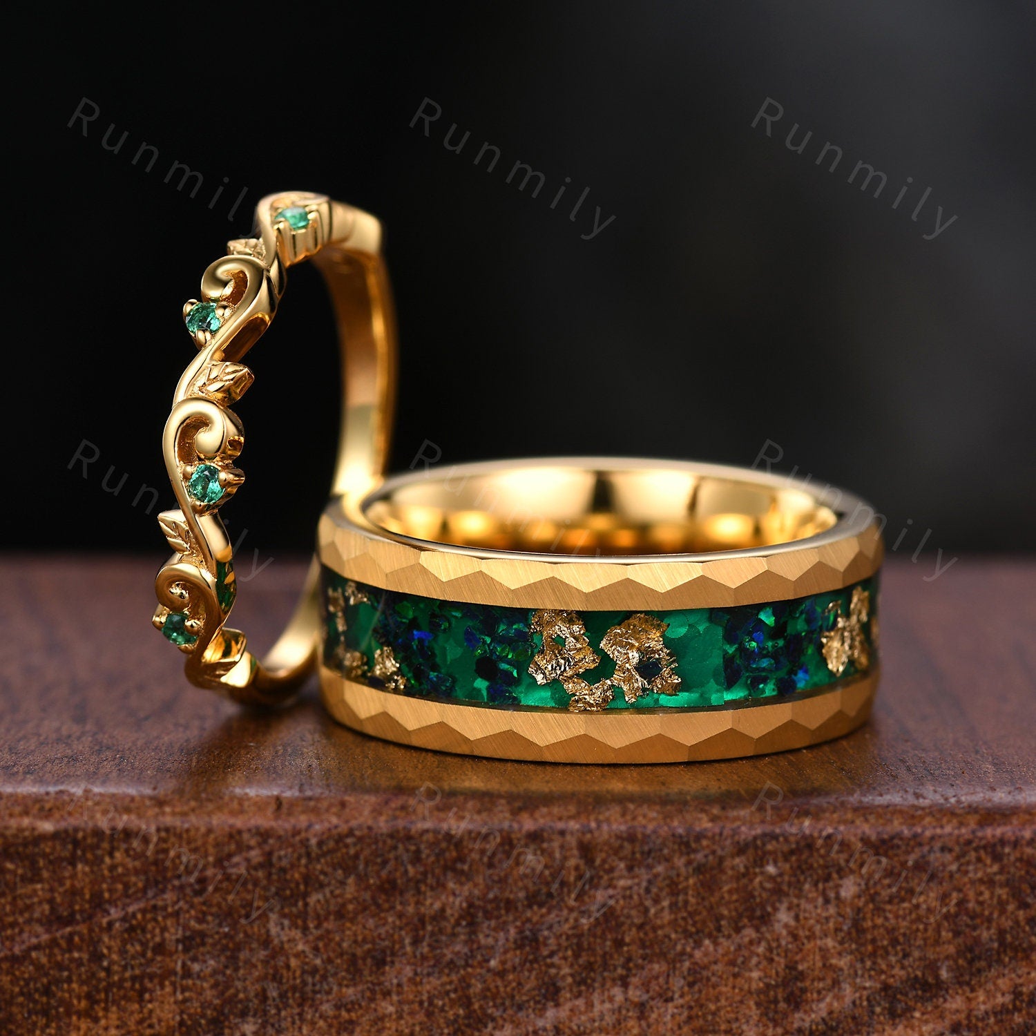 Yellow Gold Emerald Couples Band His and Hers Matching Ring Set Leaf Style Ring Mens Green Opal Ring Anniversary Gift For Men and Women