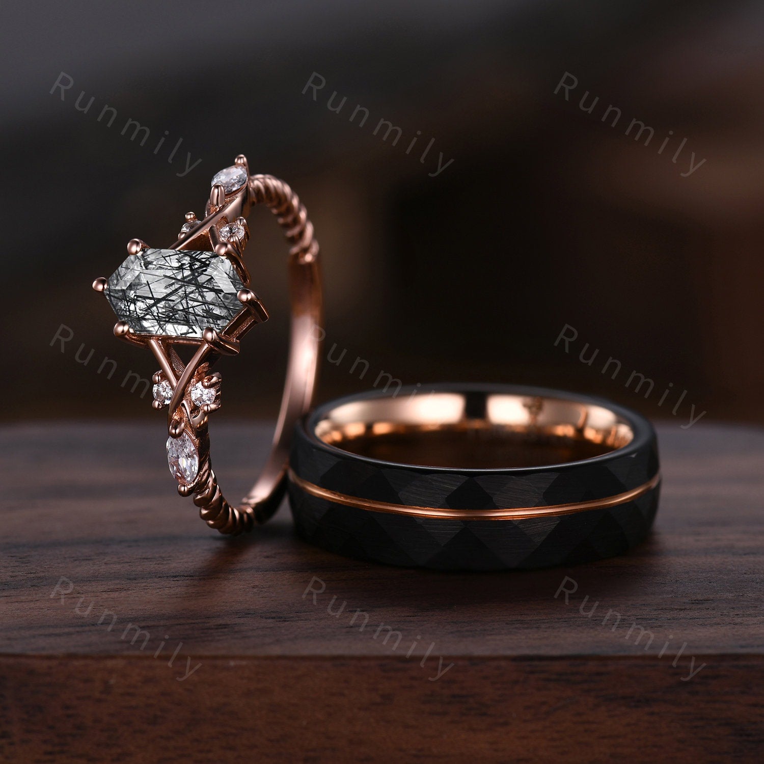 Vintage Black Rutilated Quartz Couples Ring Rose Gold Matching Ring Set His and Hers Wedding Band Promise Ring For Men For Women Black Stone