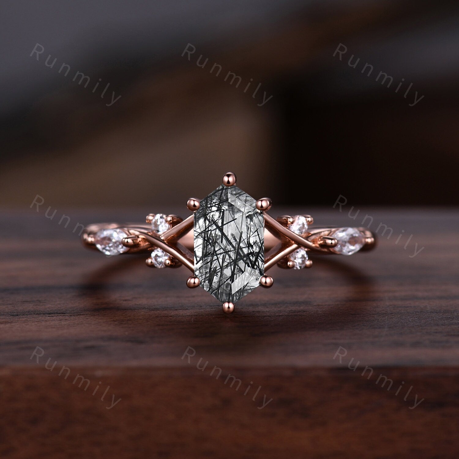 Vintage Black Rutilated Quartz Couples Ring Rose Gold Matching Ring Set His and Hers Wedding Band Promise Ring For Men For Women Black Stone