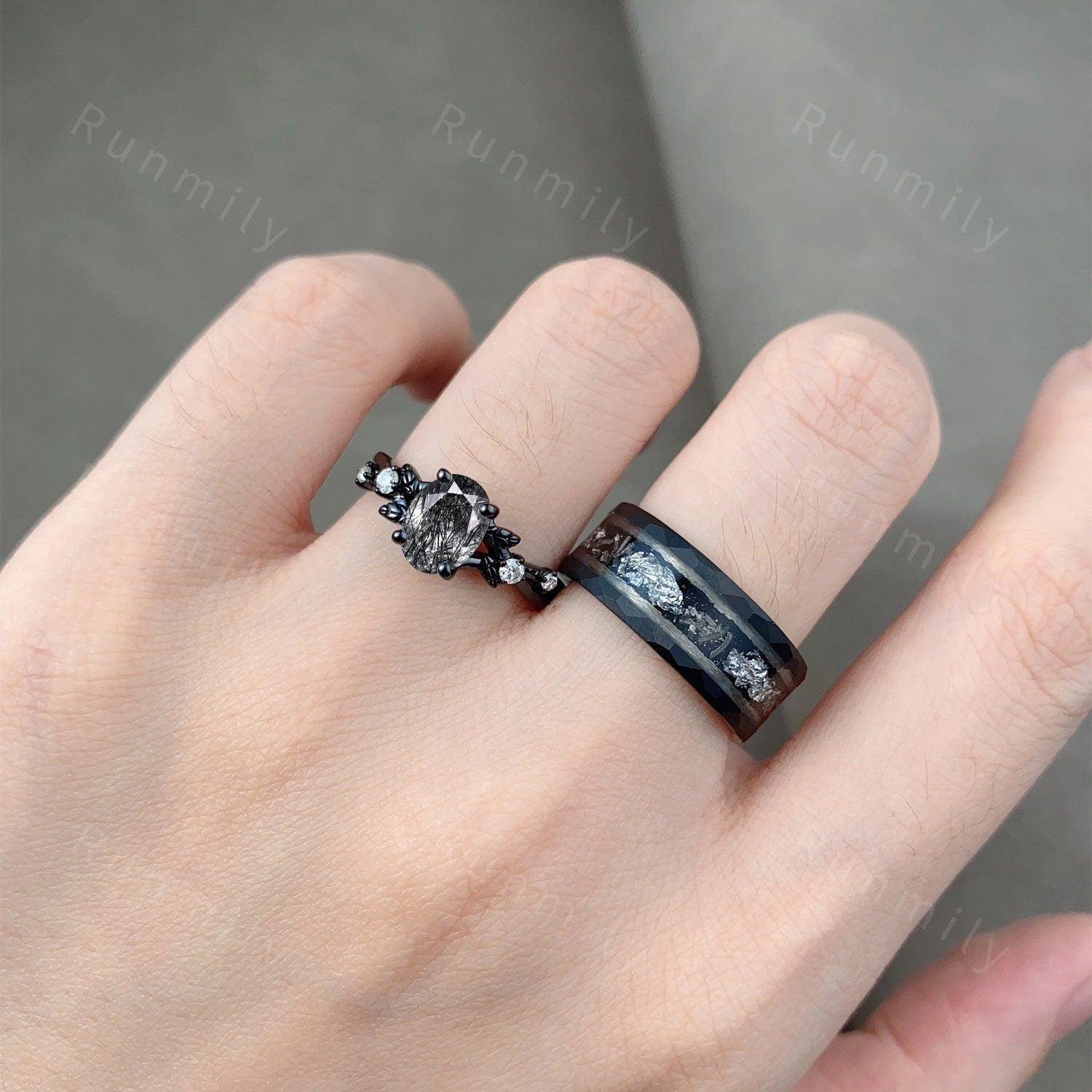 Oval cut Black Rutilated Quartz Couples Ring Set Vintage Black Gold Ring Mens Meteorite Tungsten Ring His and Hers Wedding Band Promise Ring