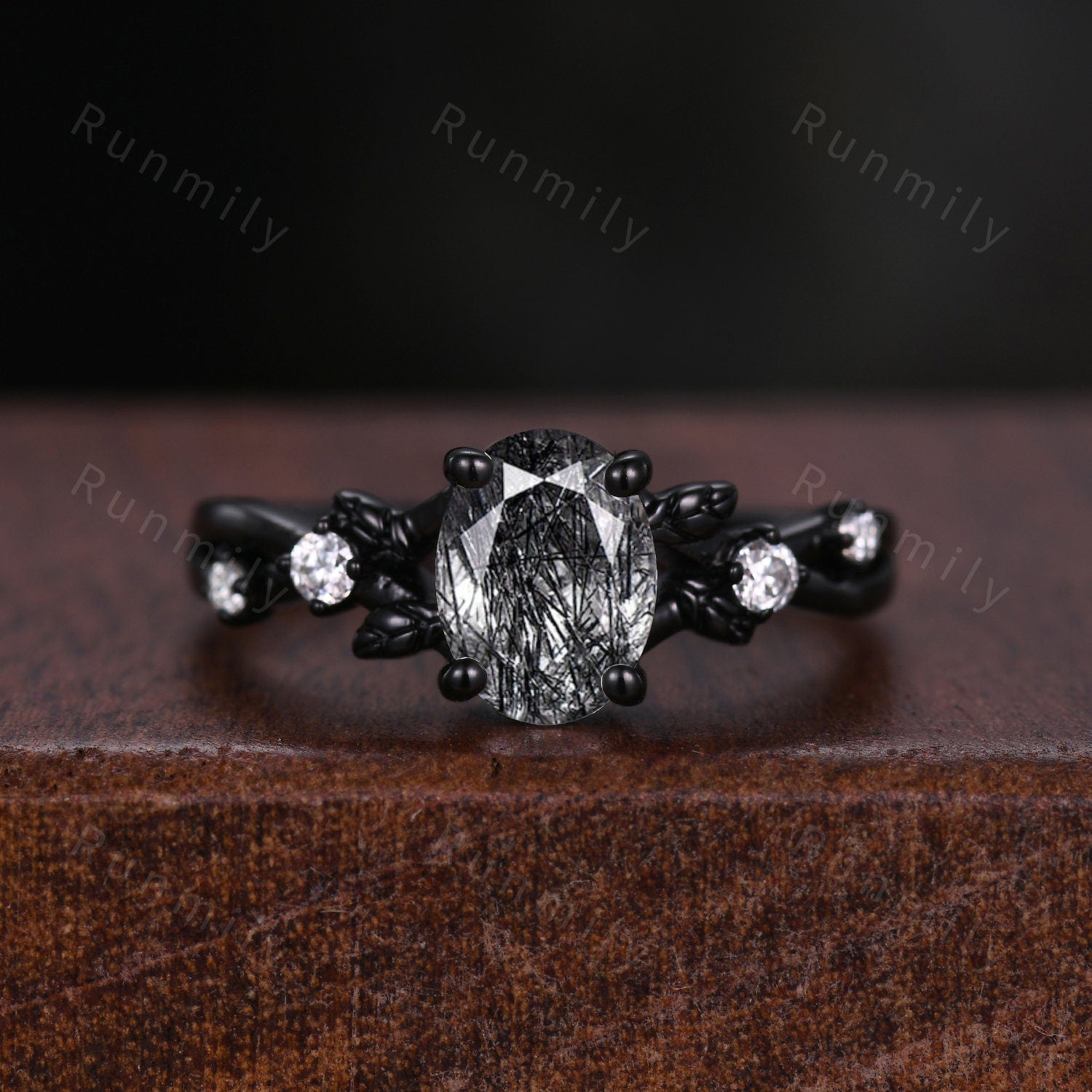 Oval cut Black Rutilated Quartz Couples Ring Set Vintage Black Gold Ring Mens Meteorite Tungsten Ring His and Hers Wedding Band Promise Ring