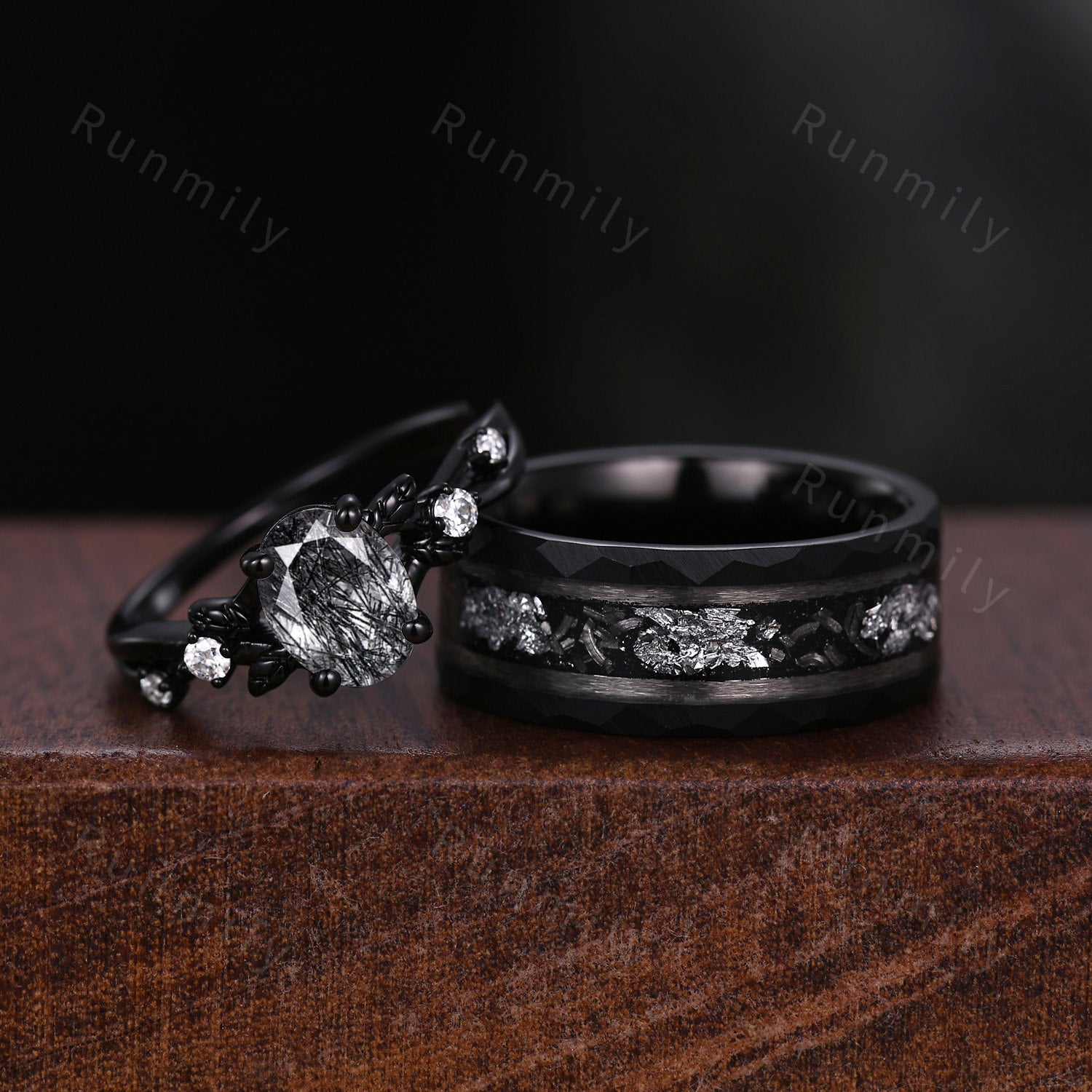 Oval cut Black Rutilated Quartz Couples Ring Set Vintage Black Gold Ring Mens Meteorite Tungsten Ring His and Hers Wedding Band Promise Ring