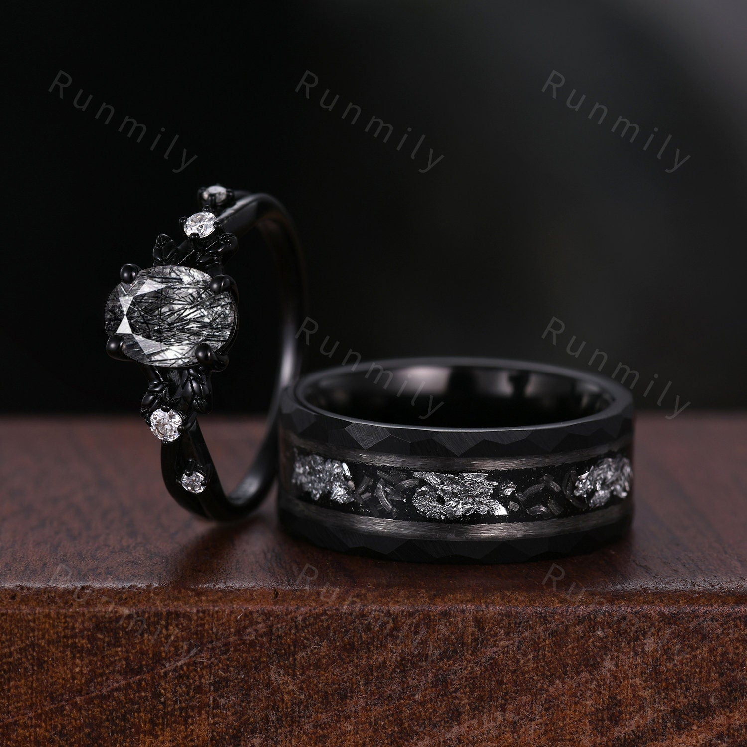 Oval cut Black Rutilated Quartz Couples Ring Set Vintage Black Gold Ring Mens Meteorite Tungsten Ring His and Hers Wedding Band Promise Ring