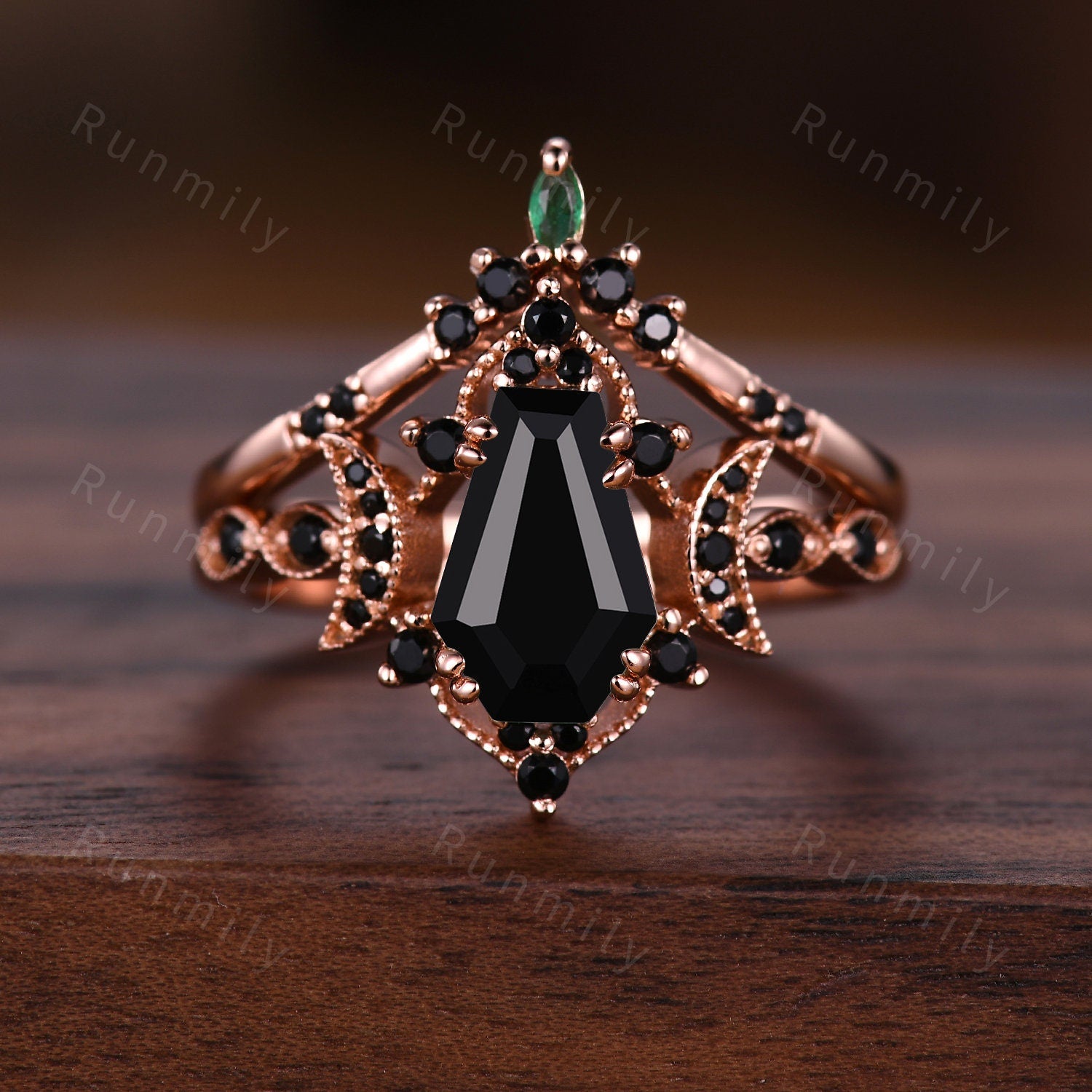 Vintage Coffin cut Black Onyx Couples Ring Rose Gold Matching Ring Set His and Hers Wedding Band Promise Ring For Men For Women Black Ring