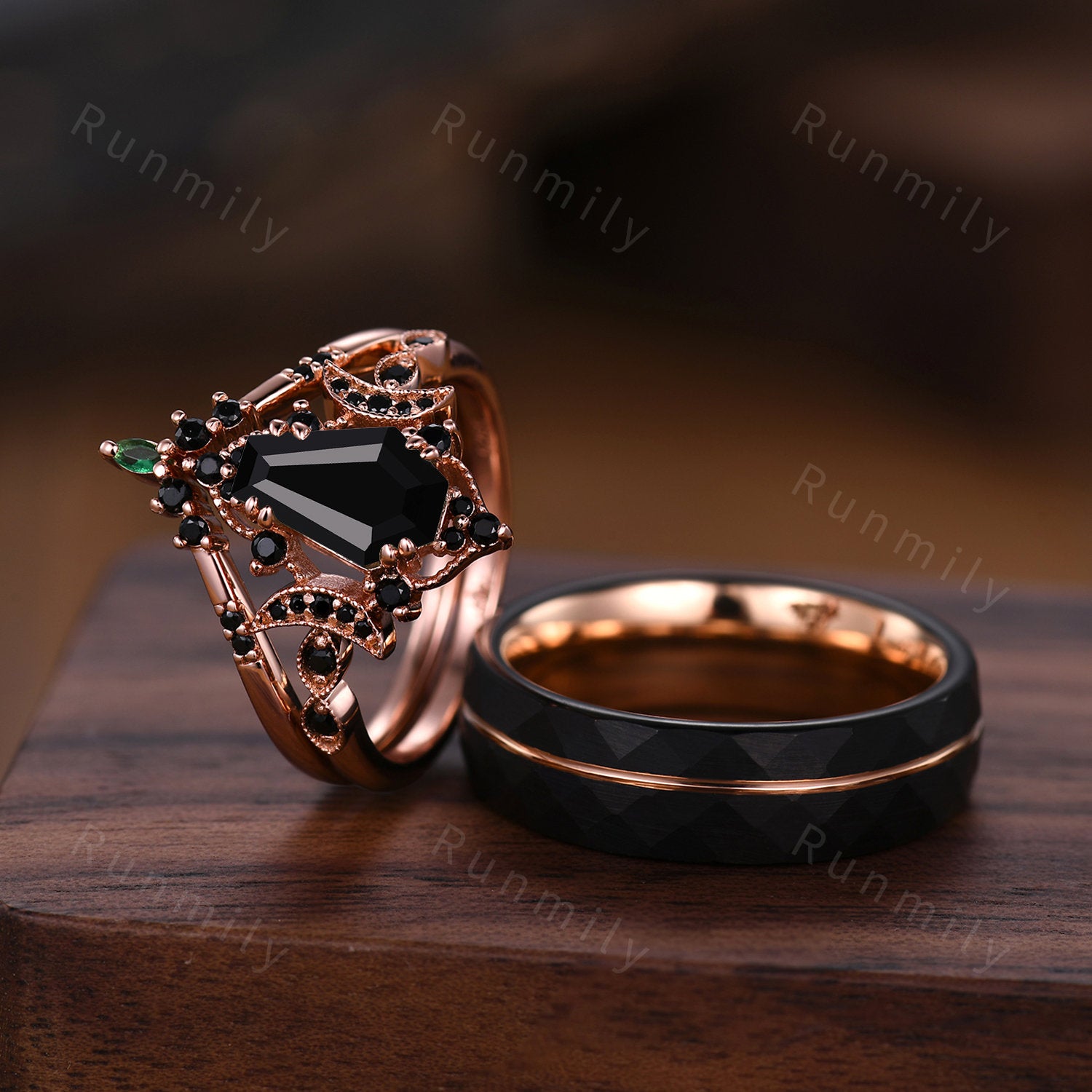 Vintage Coffin cut Black Onyx Couples Ring Rose Gold Matching Ring Set His and Hers Wedding Band Promise Ring For Men For Women Black Ring