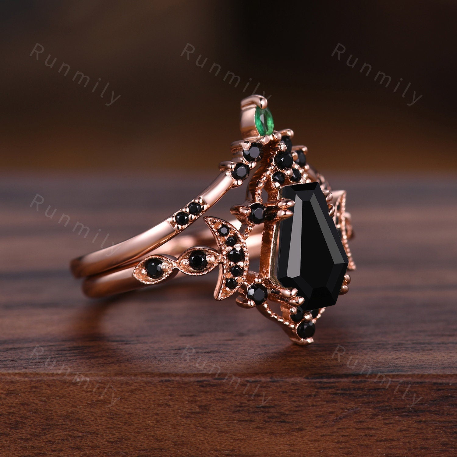 Vintage Coffin cut Black Onyx Couples Ring Rose Gold Matching Ring Set His and Hers Wedding Band Promise Ring For Men For Women Black Ring