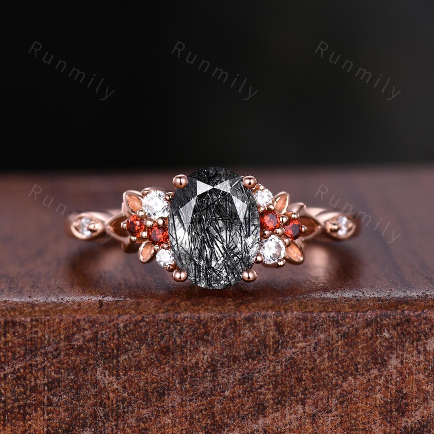 Oval cut black rutilated quartz couples ring set rose gold matching promise ring His and Hers wedding band Mens meteorite ring bridal ring