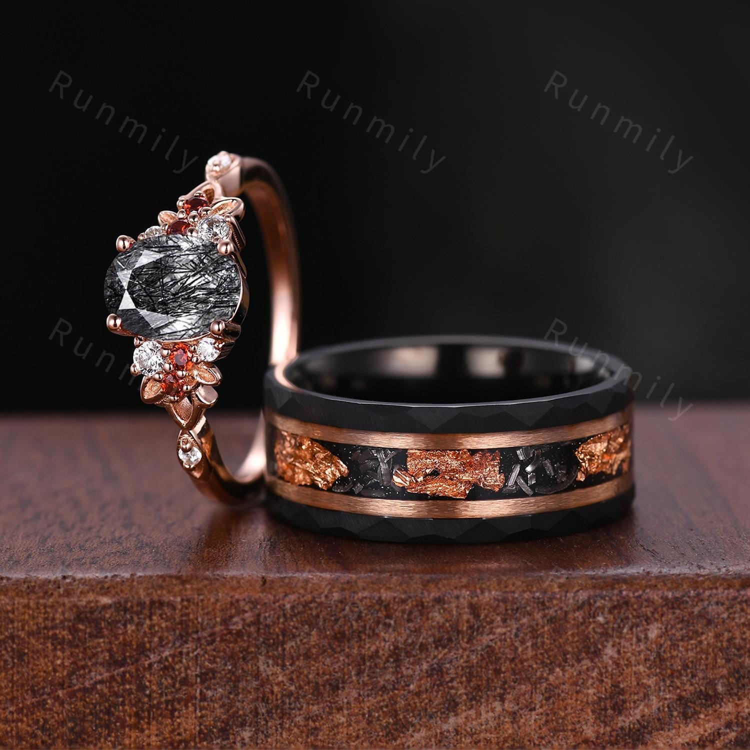 Oval cut black rutilated quartz couples ring set rose gold matching promise ring His and Hers wedding band Mens meteorite ring bridal ring