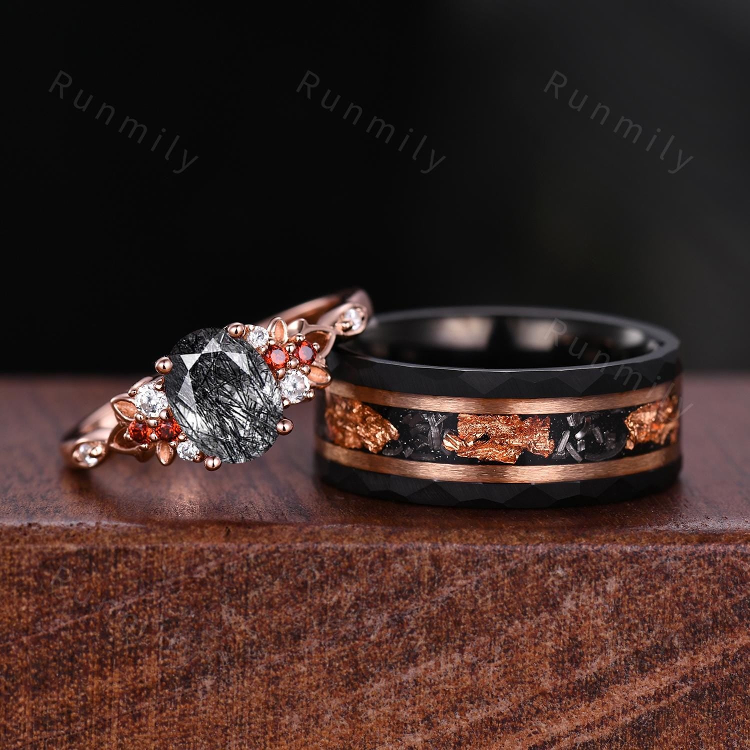 Oval cut black rutilated quartz couples ring set rose gold matching promise ring His and Hers wedding band Mens meteorite ring bridal ring