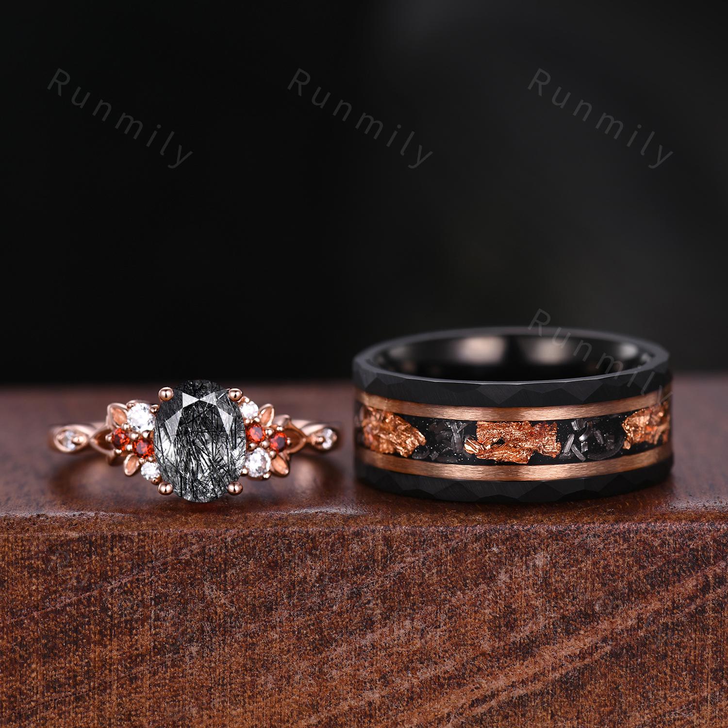 Oval cut black rutilated quartz couples ring set rose gold matching promise ring His and Hers wedding band Mens meteorite ring bridal ring