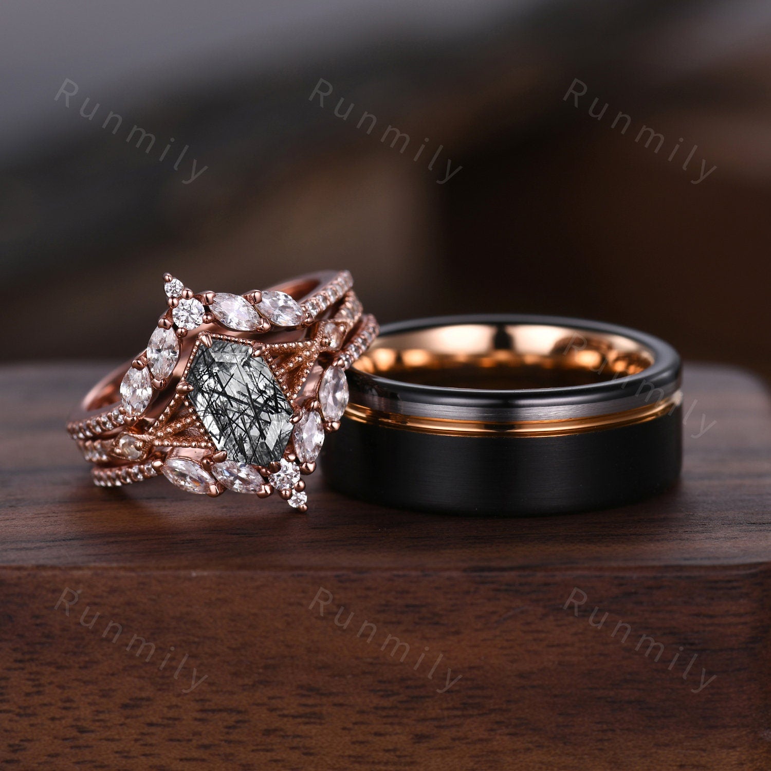 Black Rutilated Quartz Couples Ring Set Vintage Double Curved Diamond Band Rose Gold His and Her Wedding Band Promise Ring For Men and Women