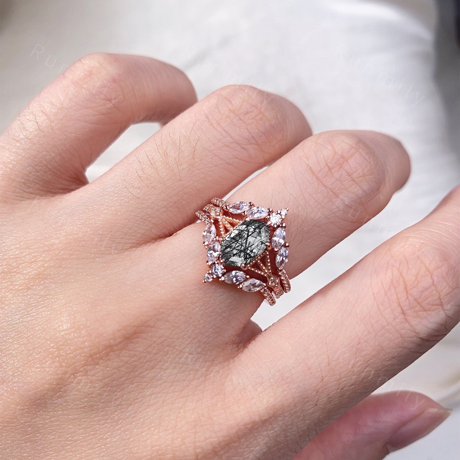 Black Rutilated Quartz Couples Ring Set Vintage Double Curved Diamond Band Rose Gold His and Her Wedding Band Promise Ring For Men and Women