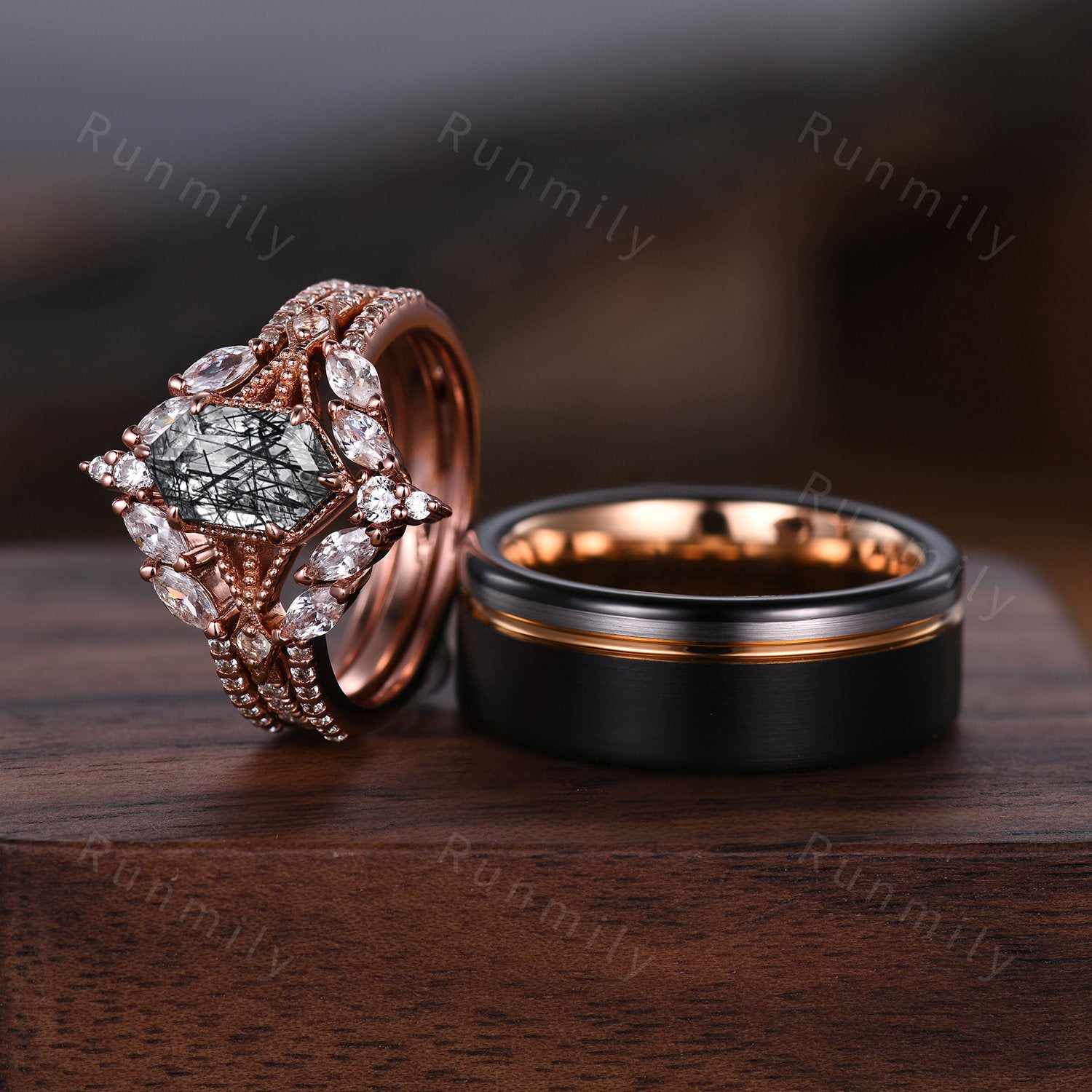 Black Rutilated Quartz Couples Ring Set Vintage Double Curved Diamond Band Rose Gold His and Her Wedding Band Promise Ring For Men and Women