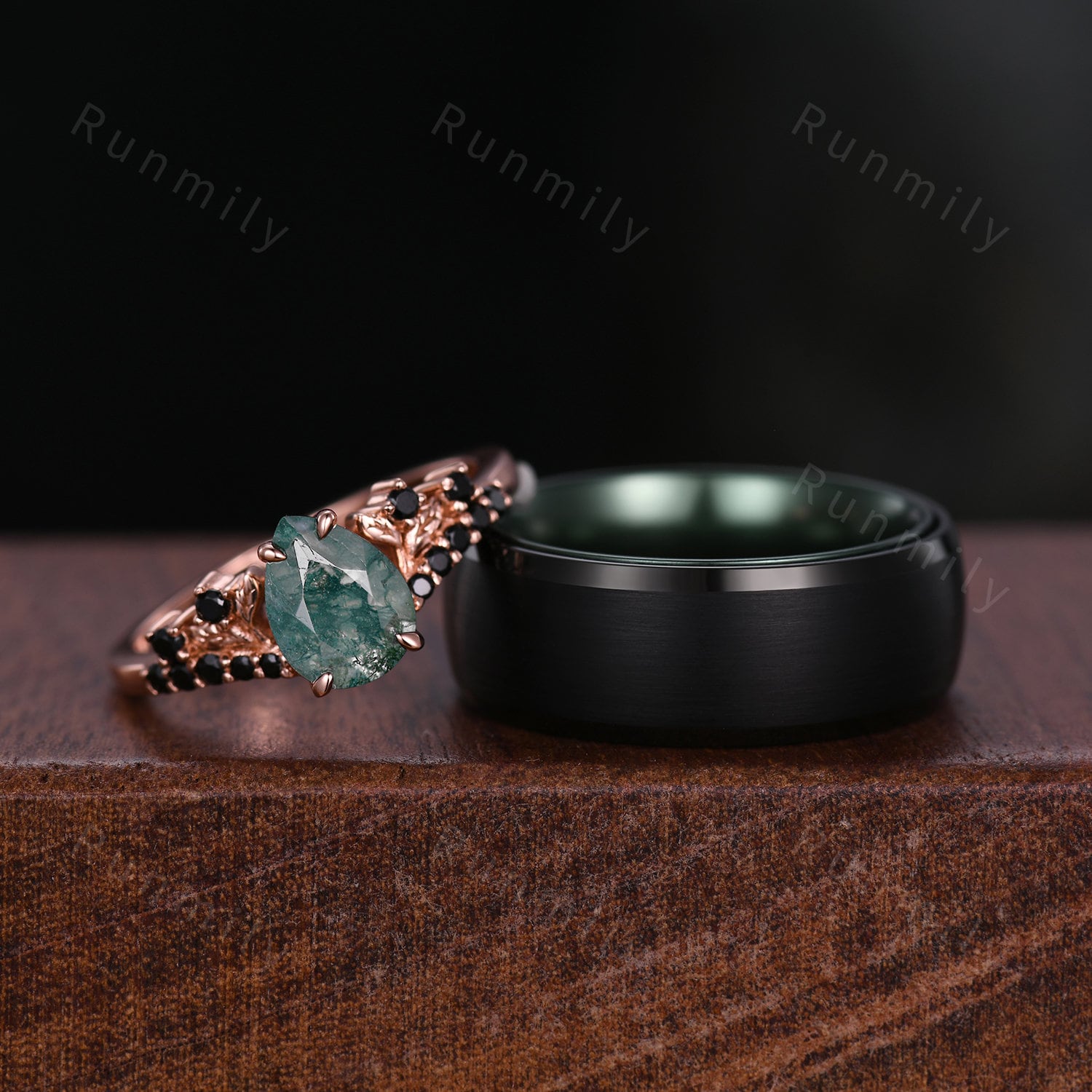 Vintage Natural Moss Agate Couples Ring Unique Matching Ring Set His And Hers Wedding Band Mens 8mm Tungsten Band Green And Black Rings